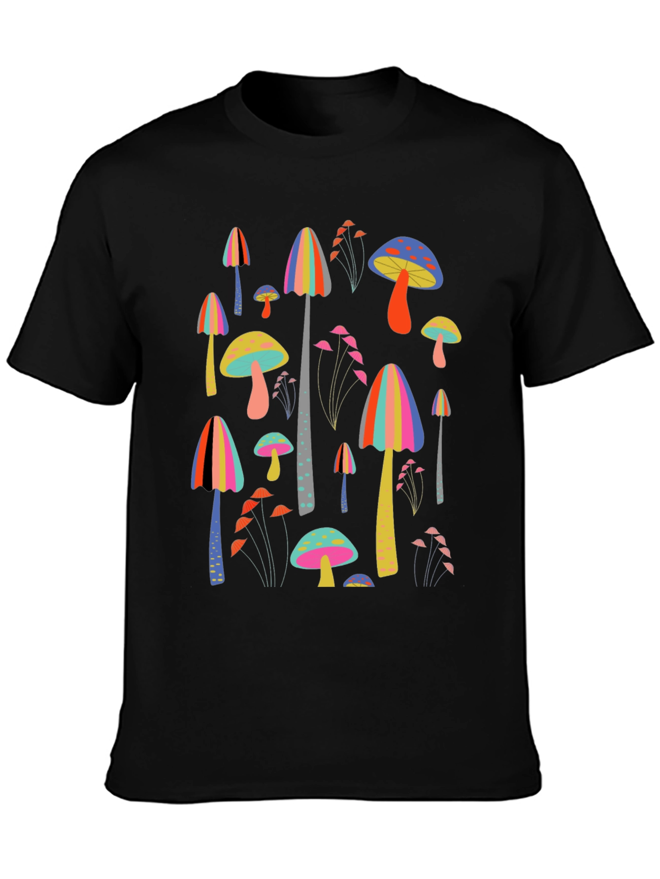 Funky Mushroom Print Black T-Shirt
