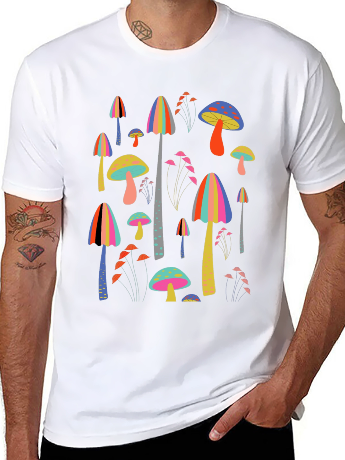 Funky Mushroom Print Black T-Shirt