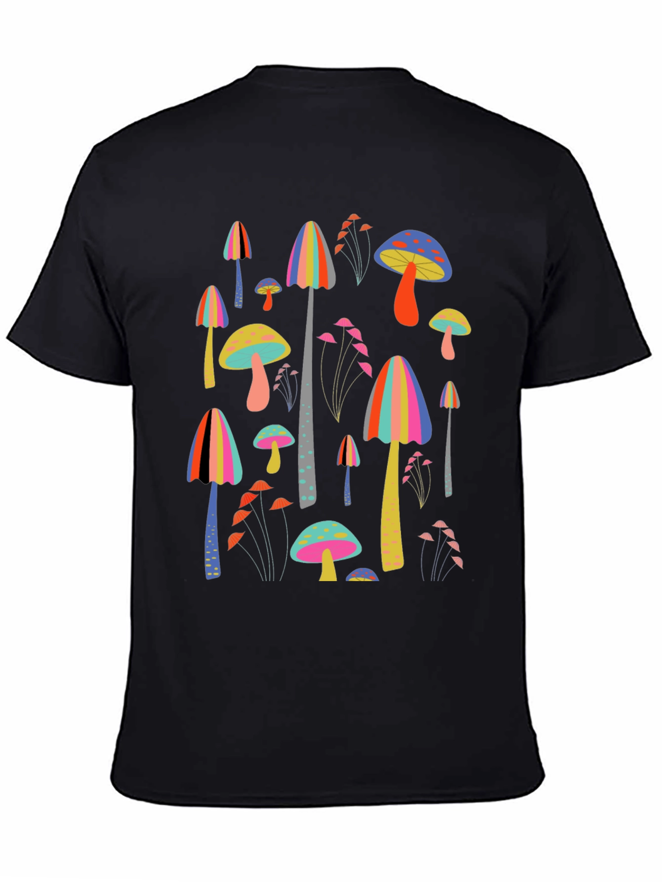 Funky Mushroom Print Black T-Shirt