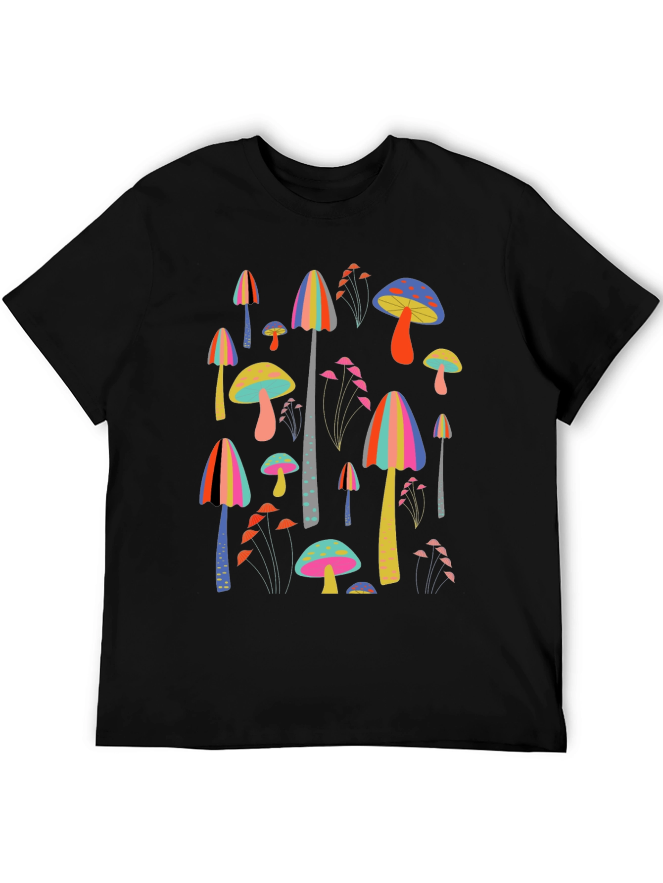 Funky Mushroom Print Black T-Shirt