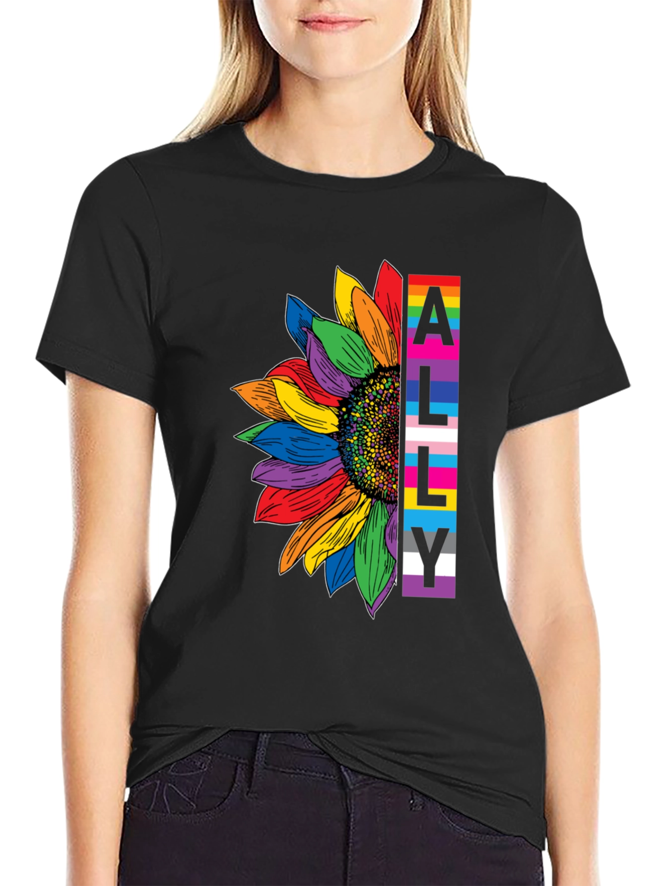 LGBTQ Ally Sunflower Graphic Tee - Black Cotton Blend