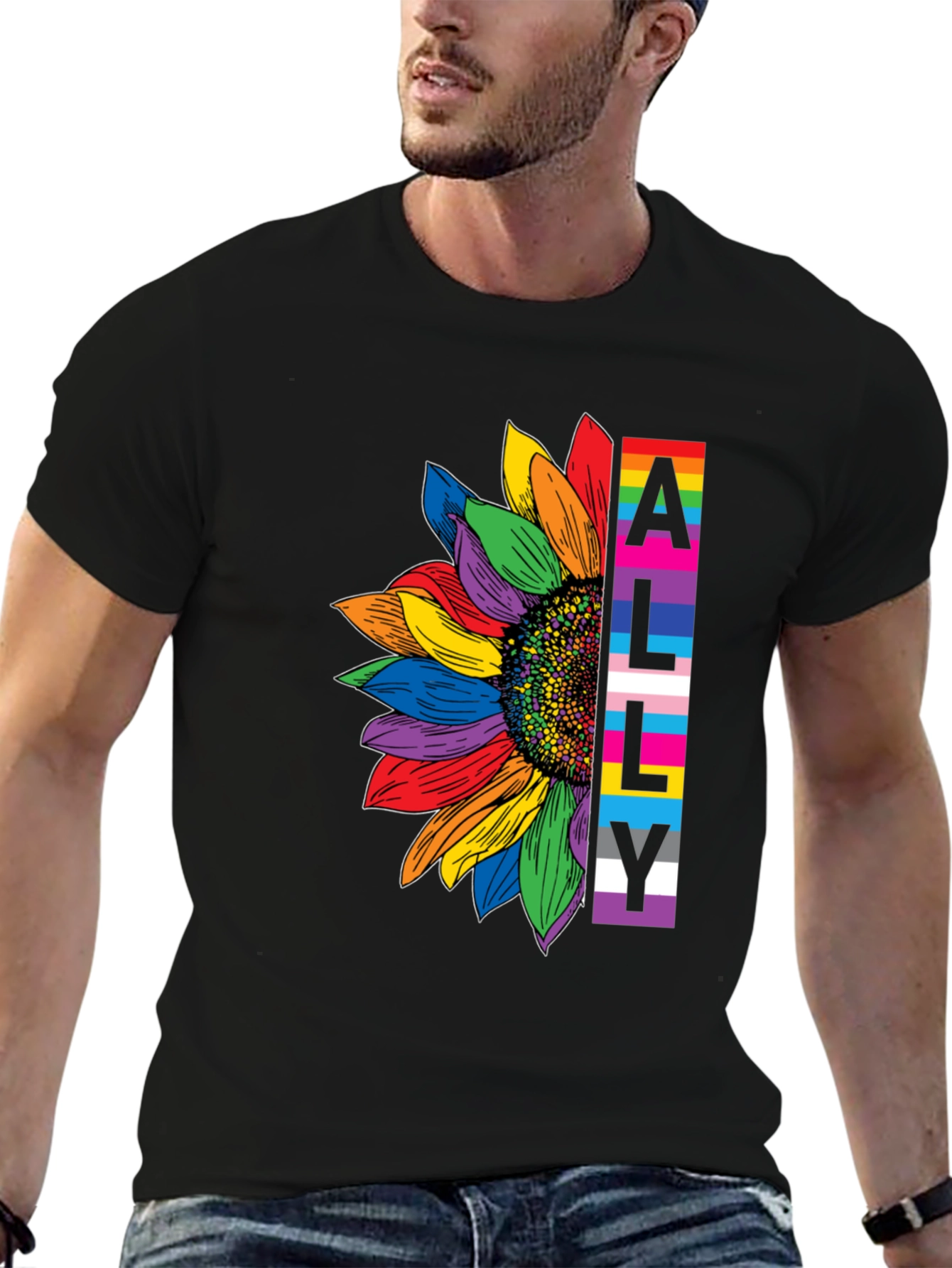LGBTQ Ally Sunflower Graphic Tee - Black Cotton Blend