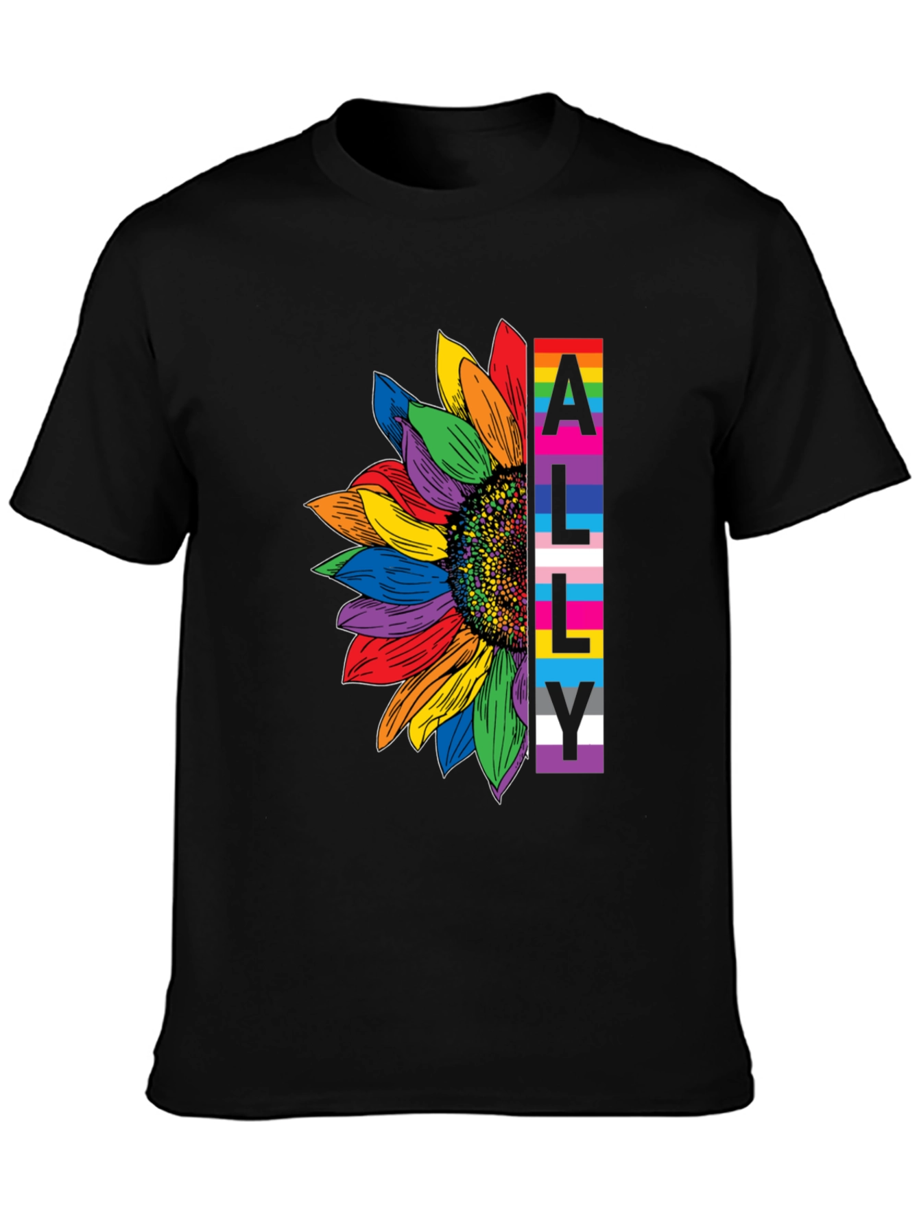 LGBTQ Ally Sunflower Graphic Tee - Black Cotton Blend