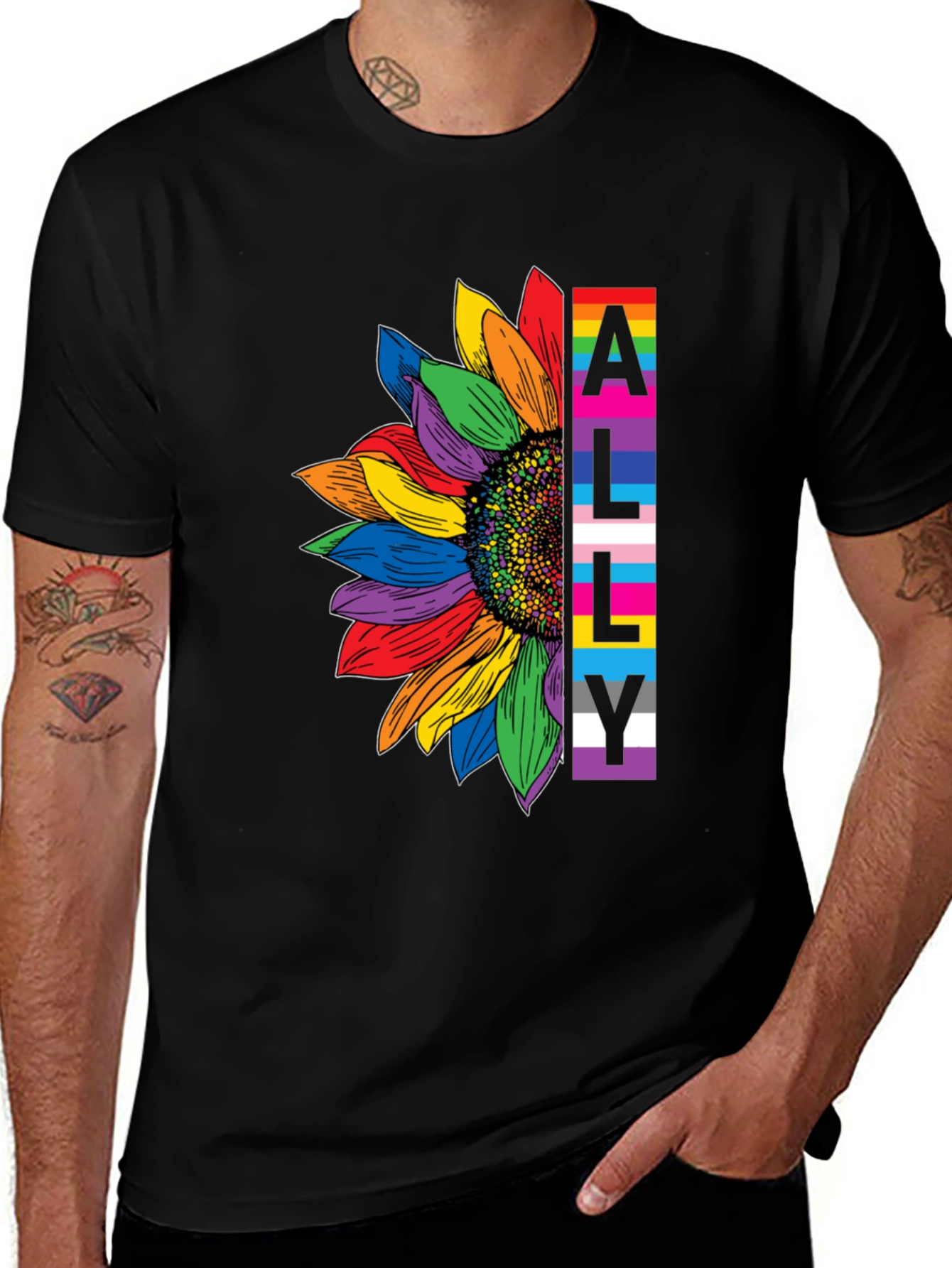 LGBTQ Ally Sunflower Graphic Tee - Black Cotton Blend