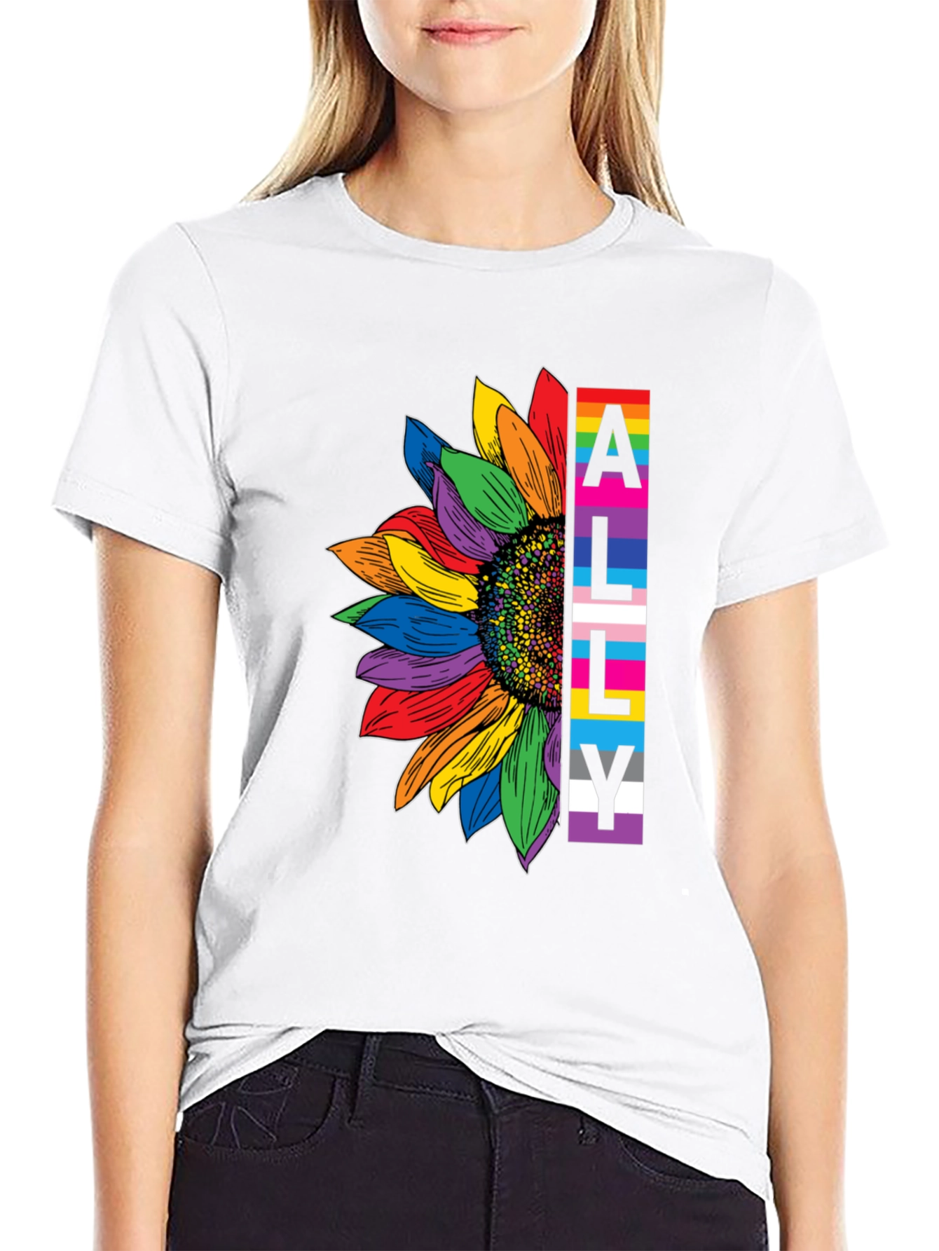 LGBTQ Ally Sunflower Graphic Tee - Black Cotton Blend