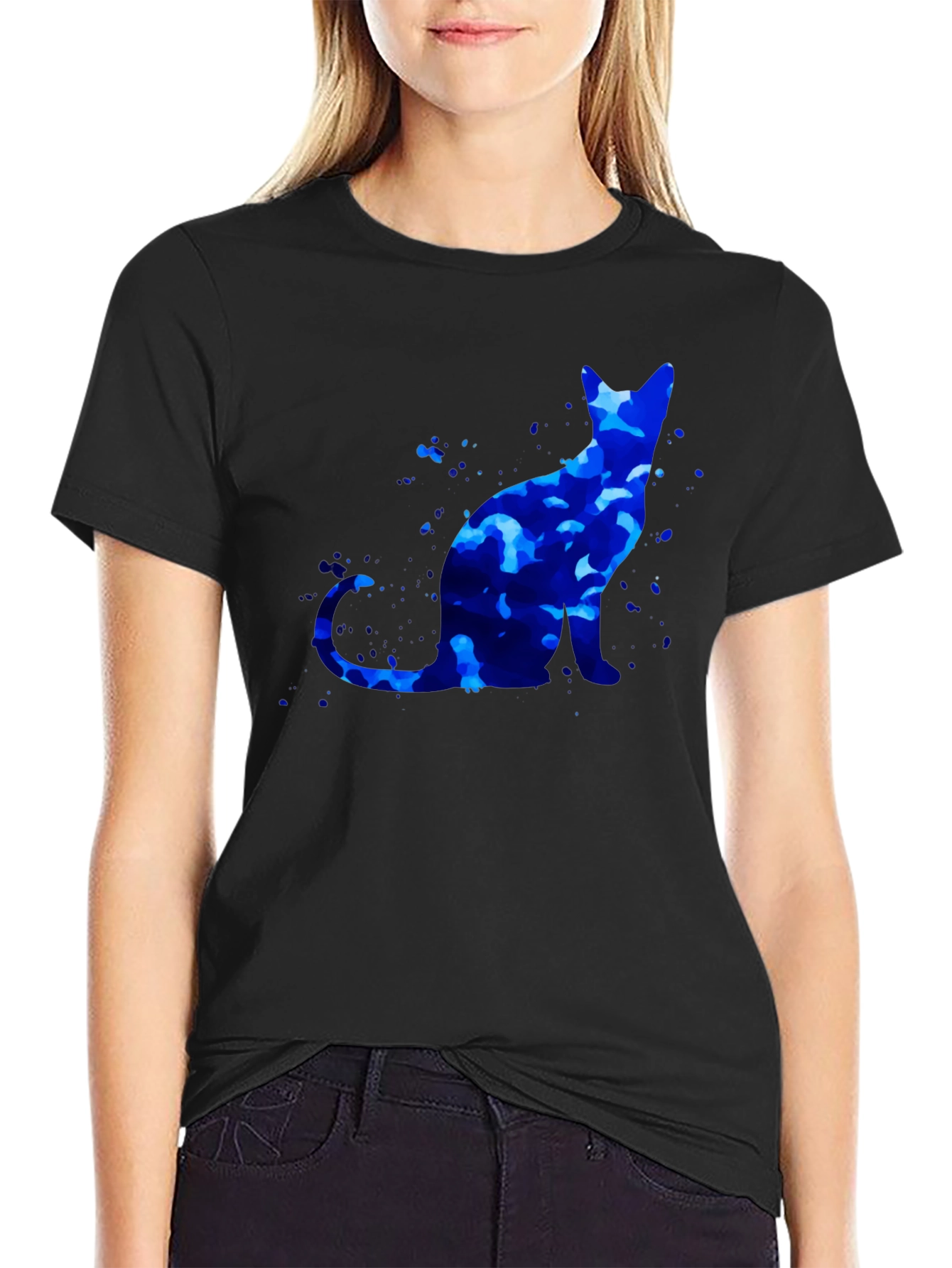 Blue Cat Graphic T-Shirt - Artistic Design