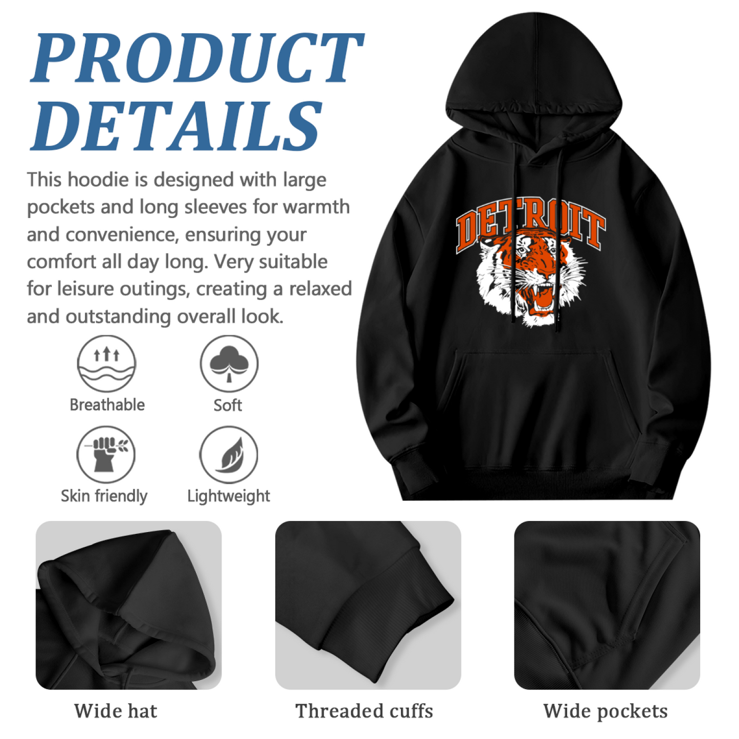 Detroit Tiger Retro Sports Mascot Graphic Hoodie, Sporty Men¡¯s Comfort Hooded Top