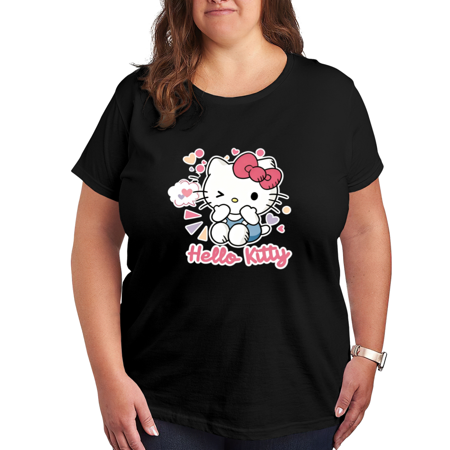 Winking Hello Kitty Colorful Heart Decor Plus Size Women Graphic Tee