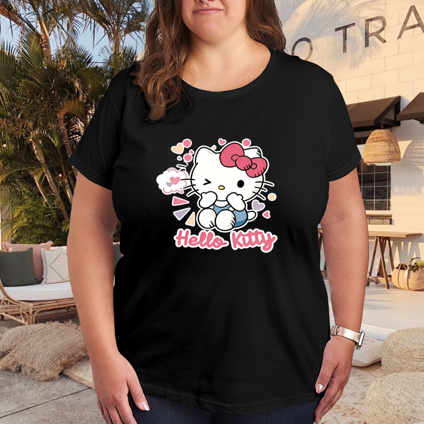 Winking Hello Kitty Colorful Heart Decor Plus Size Women Graphic Tee