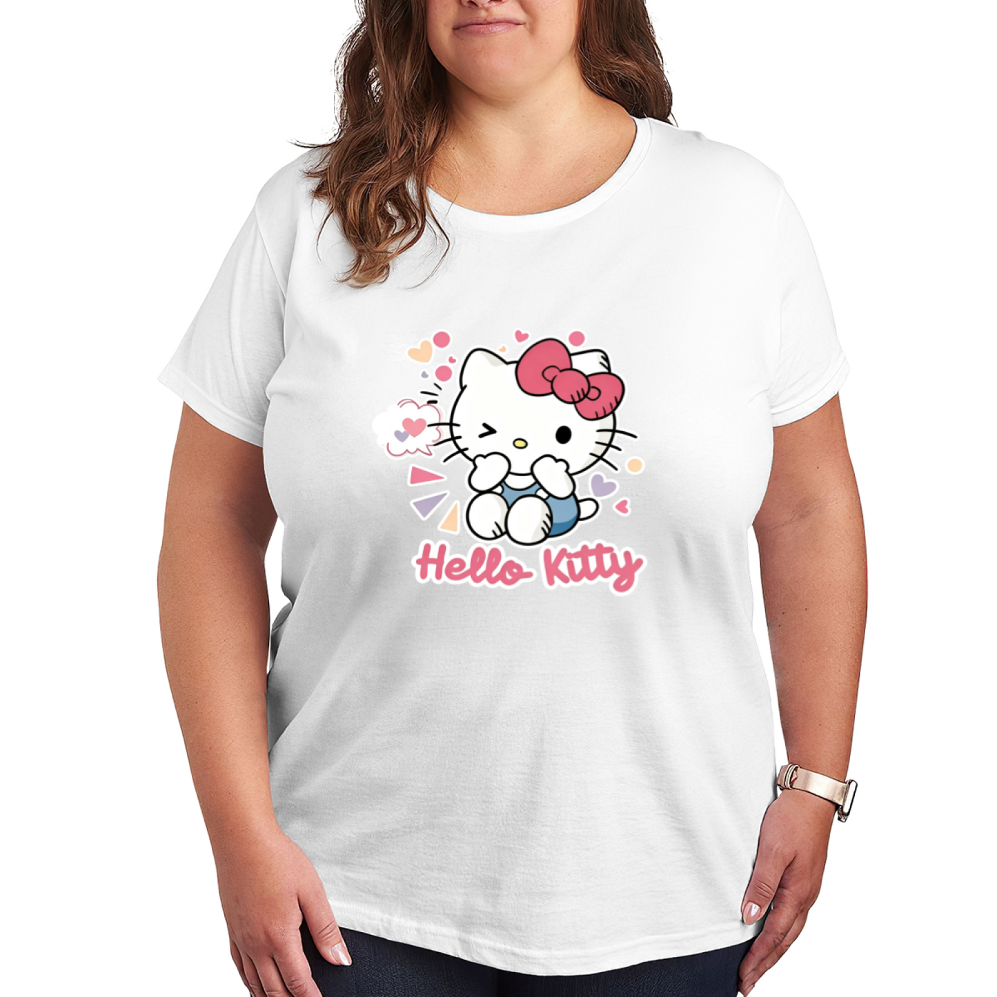 Winking Hello Kitty Colorful Heart Decor Plus Size Women Graphic Tee