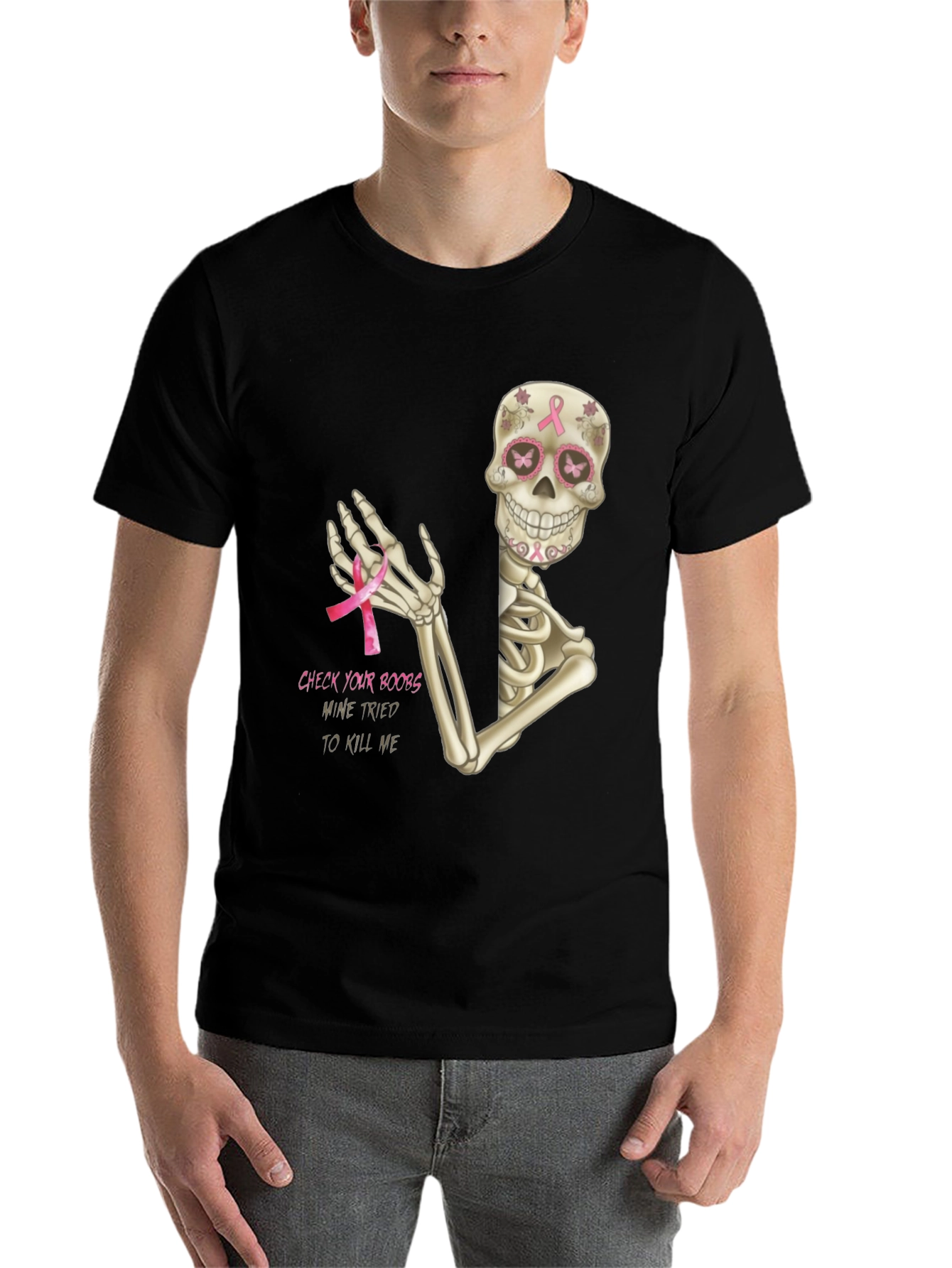 Check Your Boobs Breast Cancer Skeleton T-Shirt
