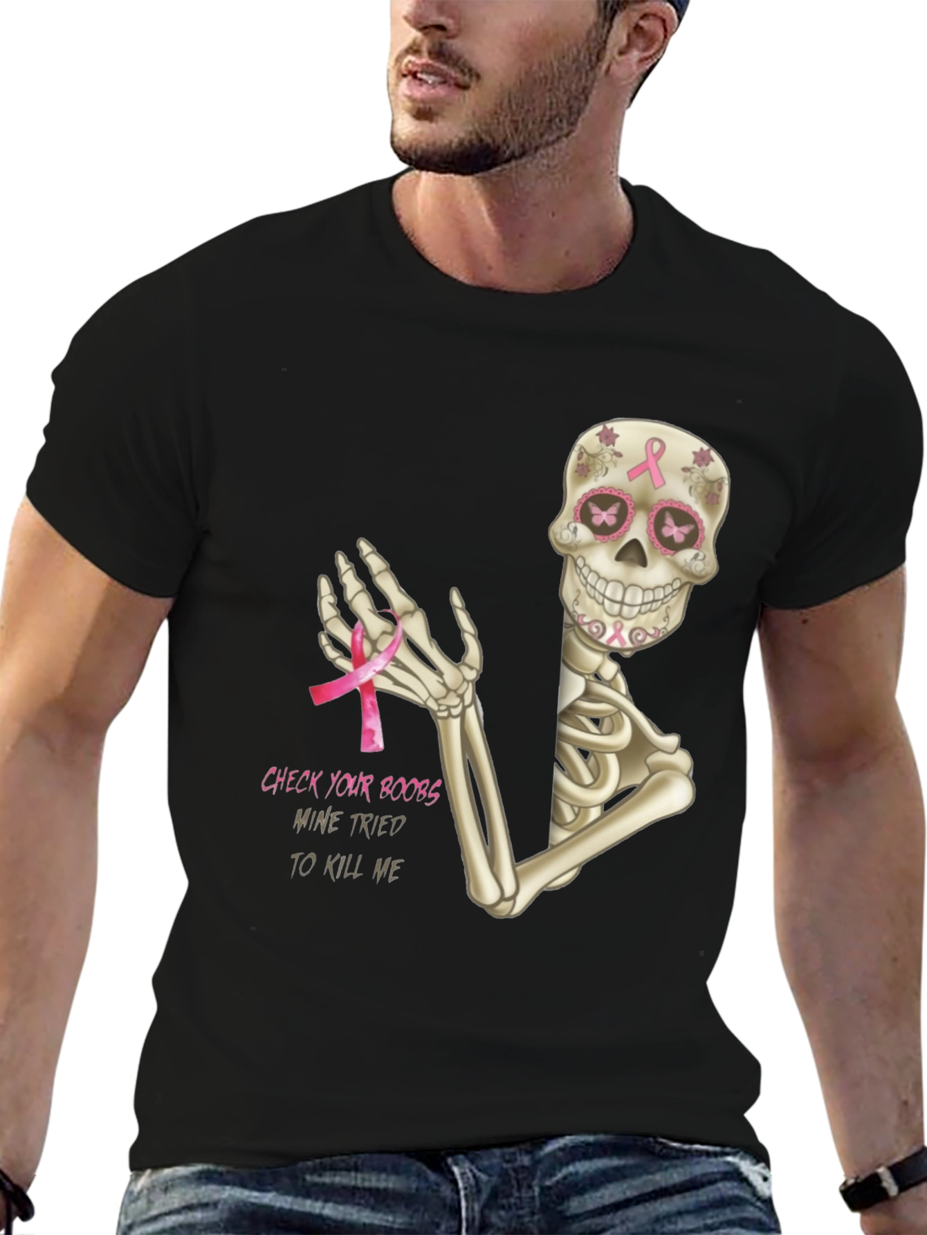 Check Your Boobs Breast Cancer Skeleton T-Shirt