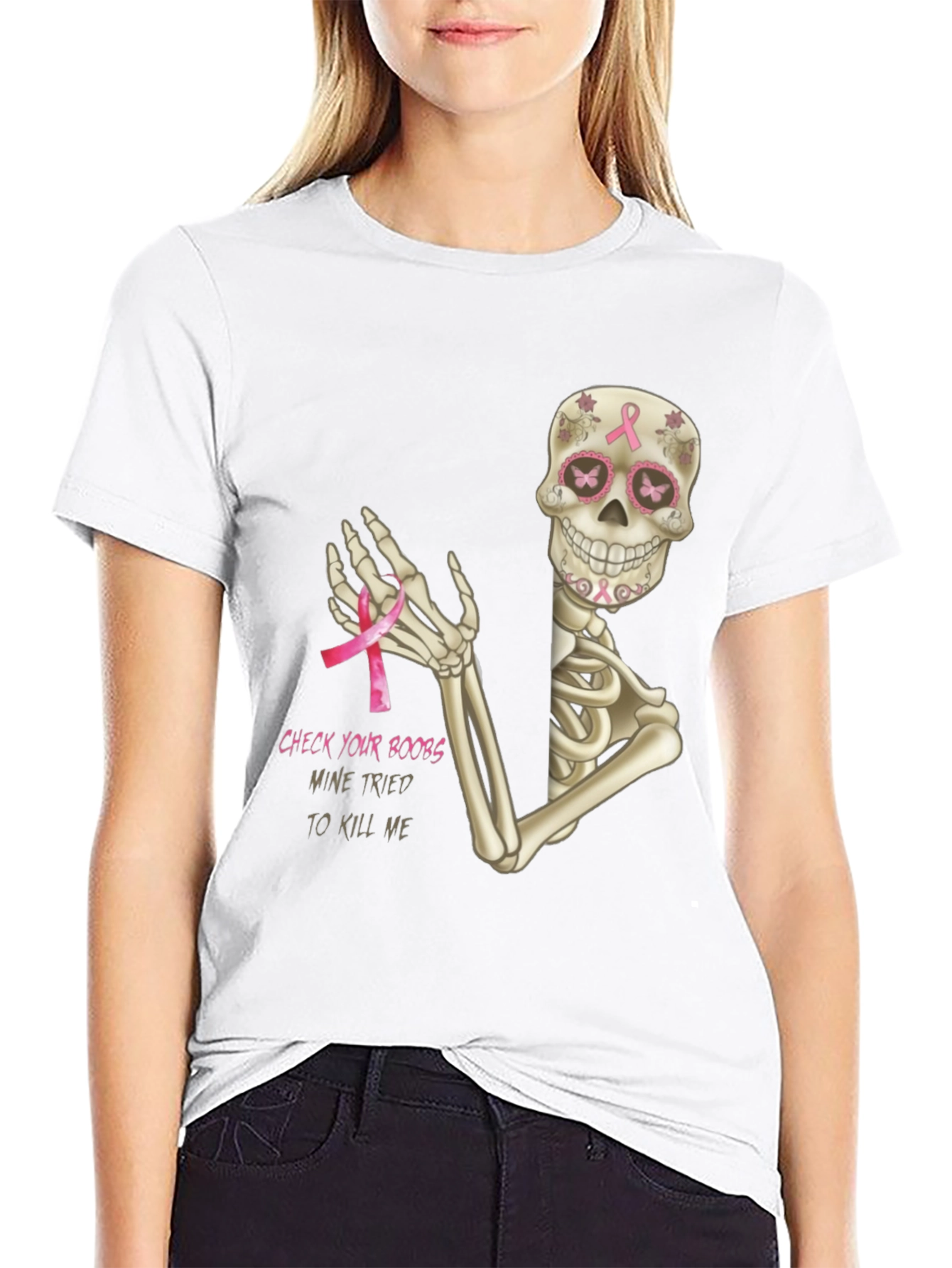 Check Your Boobs Breast Cancer Skeleton T-Shirt