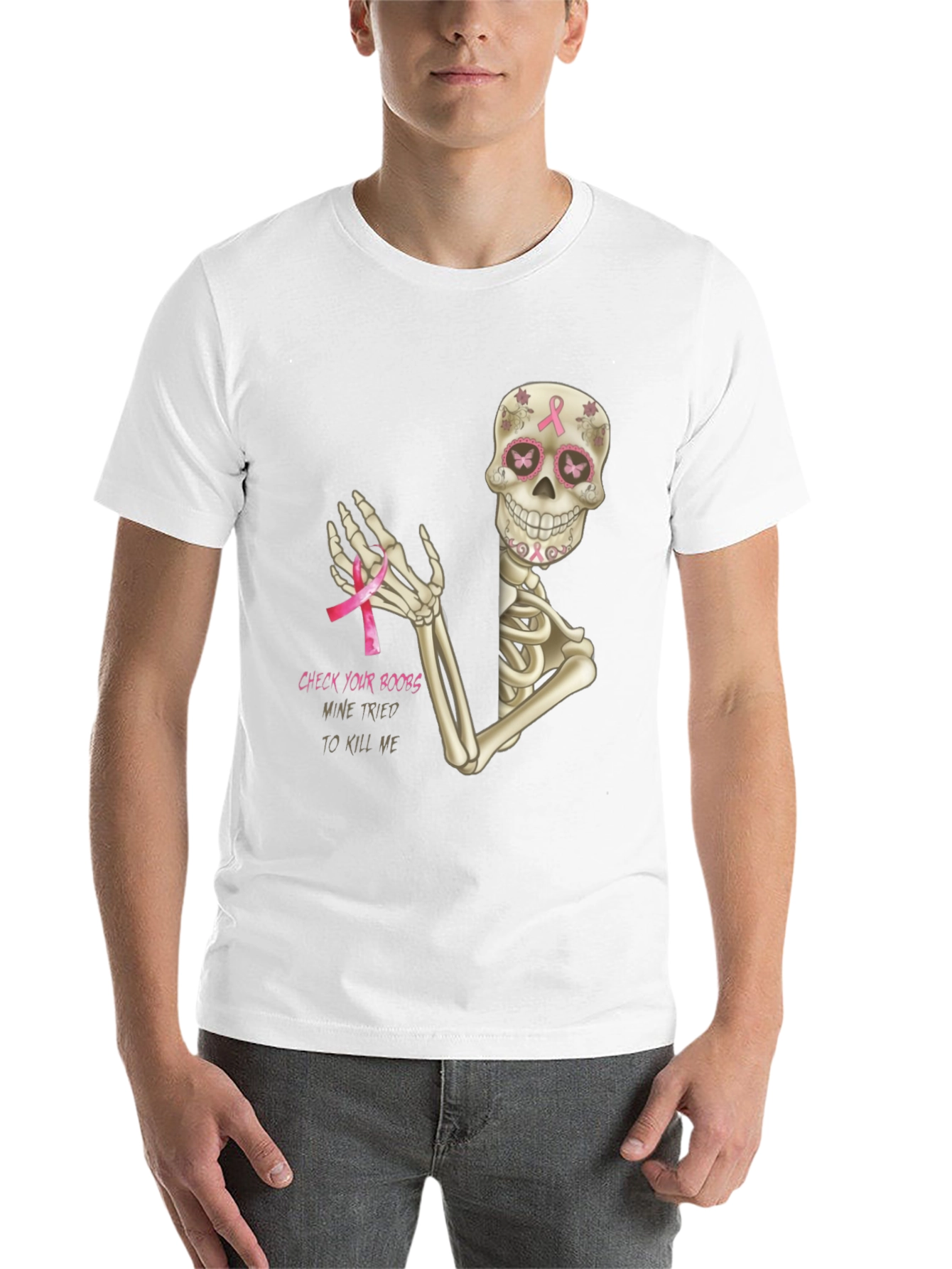 Check Your Boobs Breast Cancer Skeleton T-Shirt