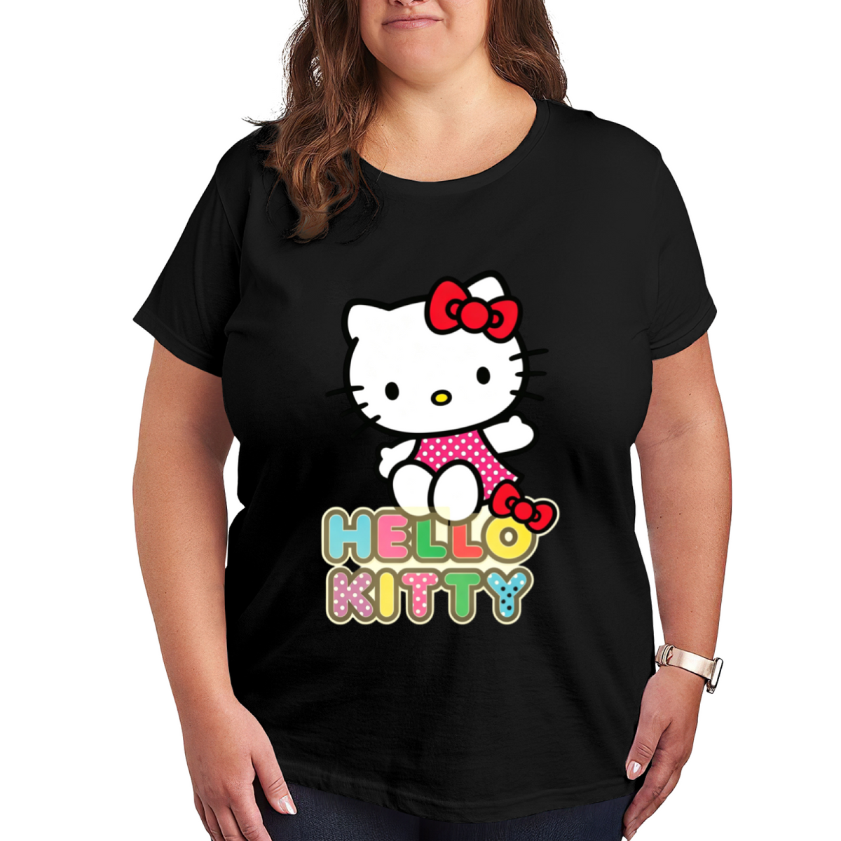 Vibrant Hello Kitty Colorful Letter Print Plus Size Women Tee
