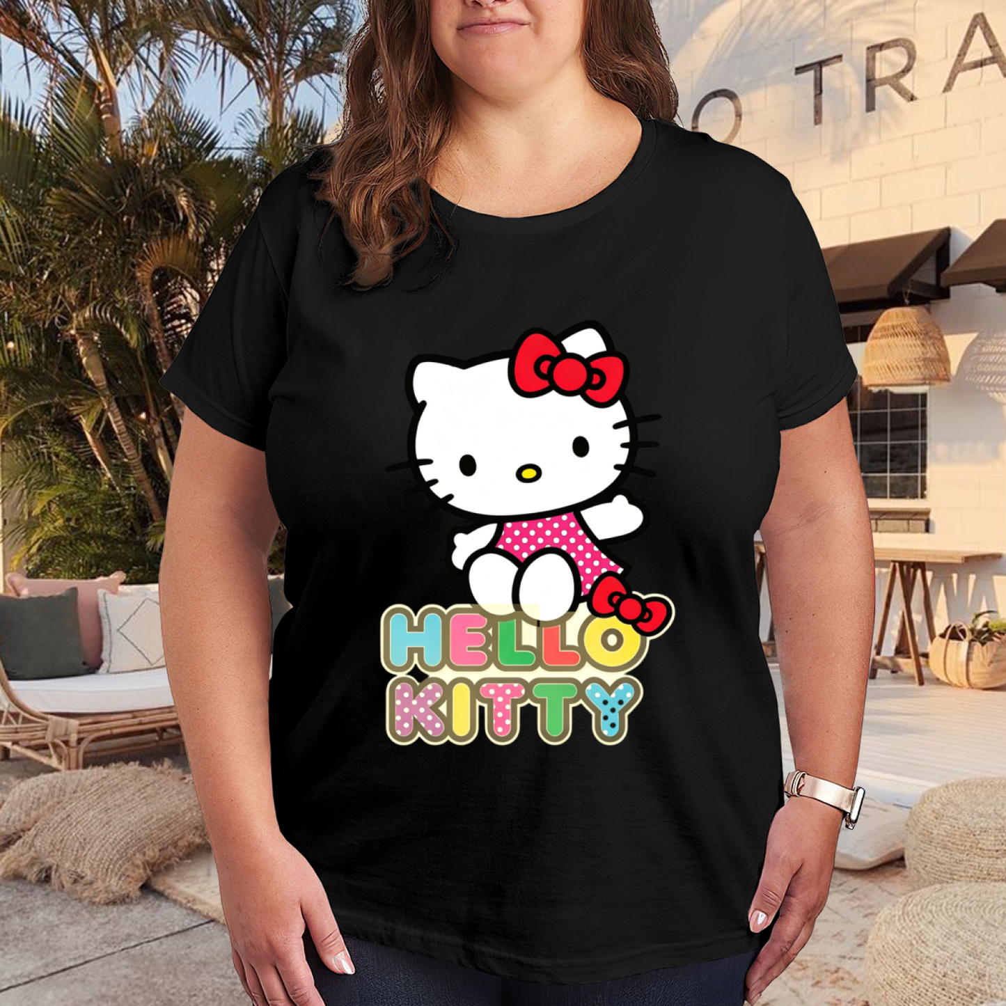 Vibrant Hello Kitty Colorful Letter Print Plus Size Women Tee