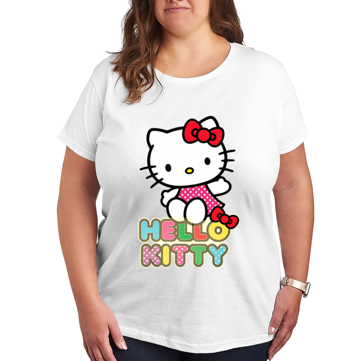 Vibrant Hello Kitty Colorful Letter Print Plus Size Women Tee