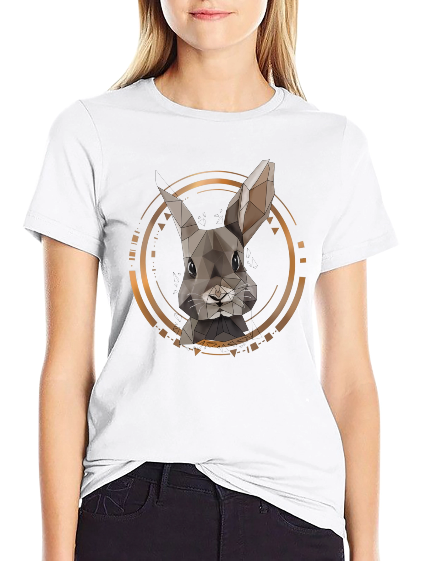 Geometric Rabbit Print Black T-Shirt
