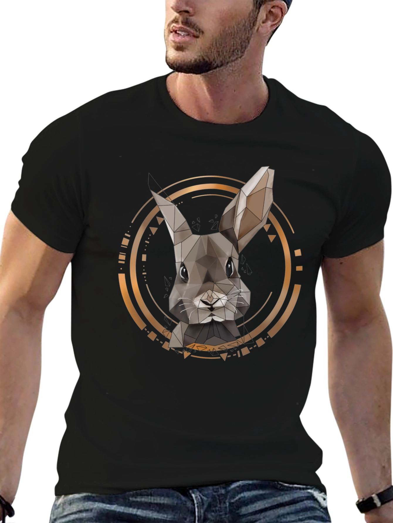 Geometric Rabbit Print Black T-Shirt