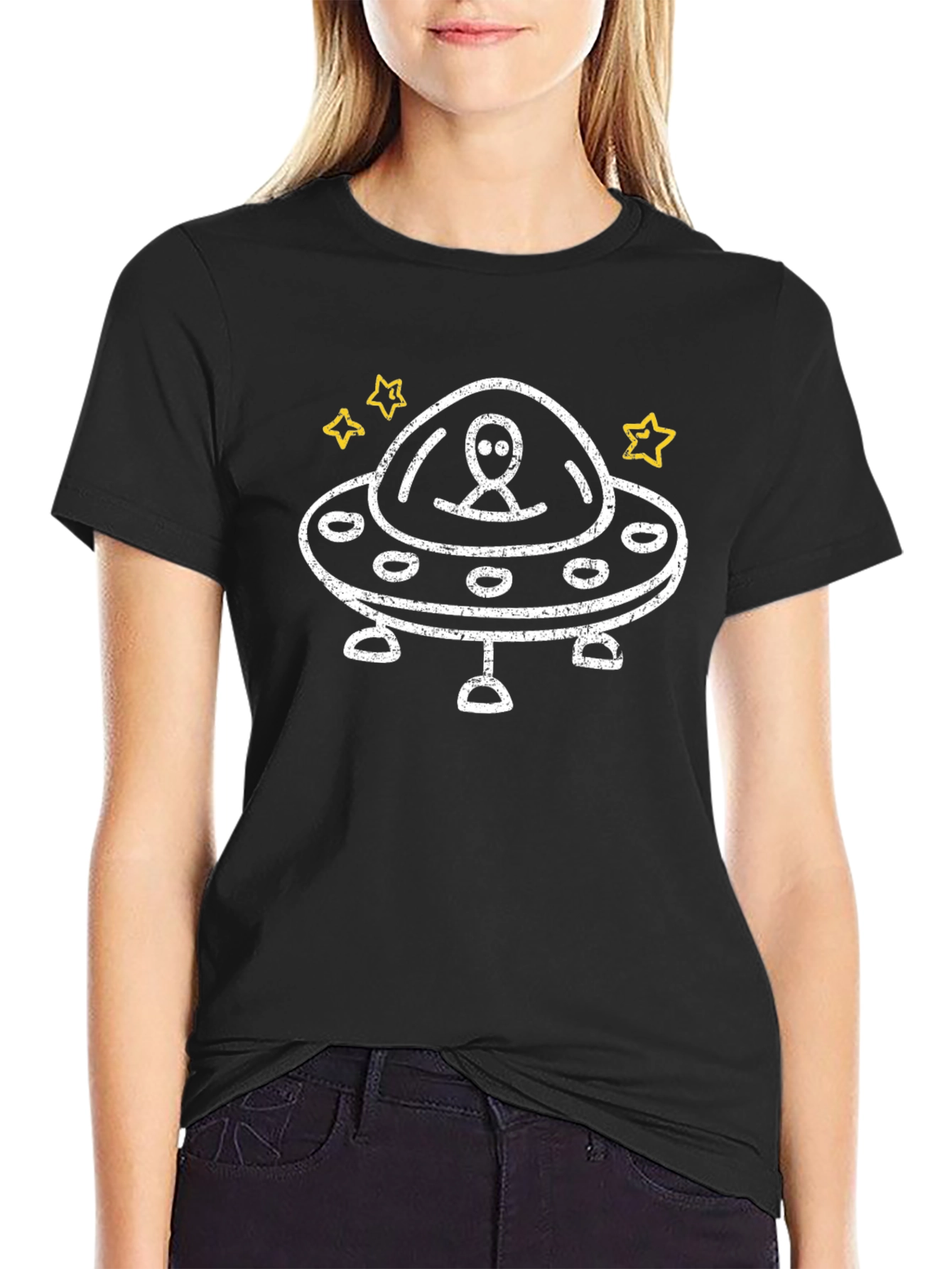 Alien Spaceship Graphic Tee - Black Cotton T-Shirt