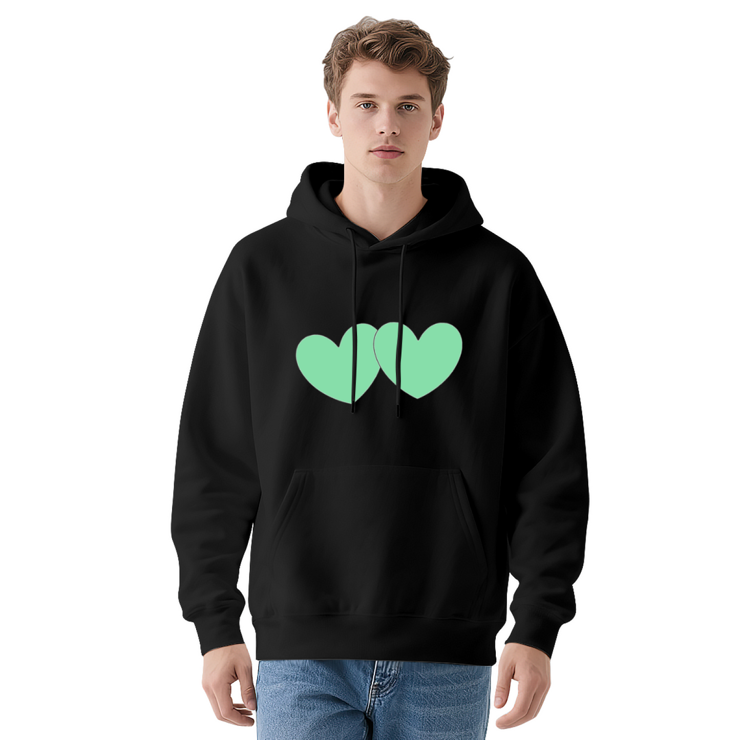 Two Mint Green Simple Hearts Grey Hoodie, Unisex Sweet Comfort Casual Hoodie