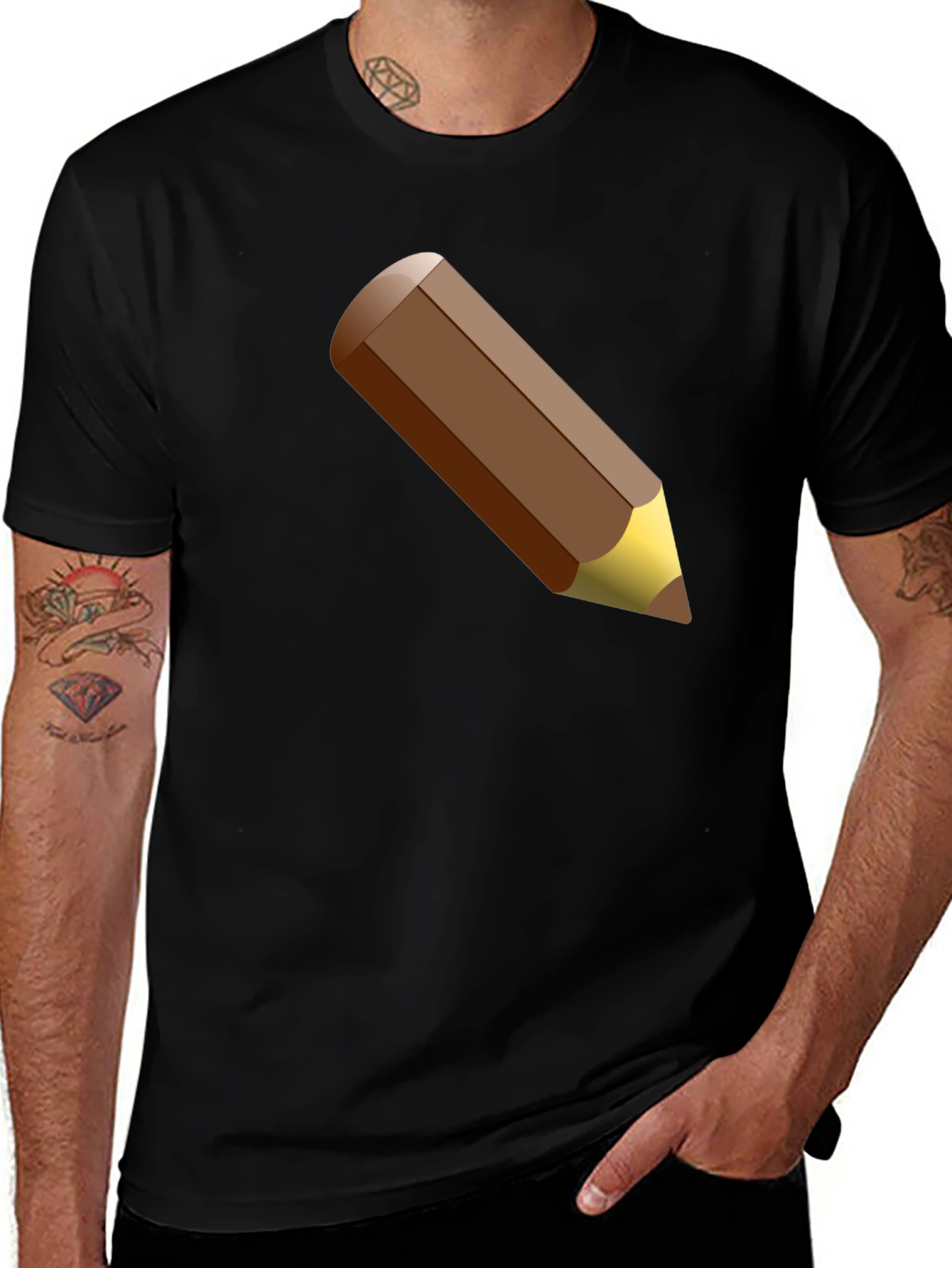 Mens Black T-Shirt with Brown Pencil Graphic