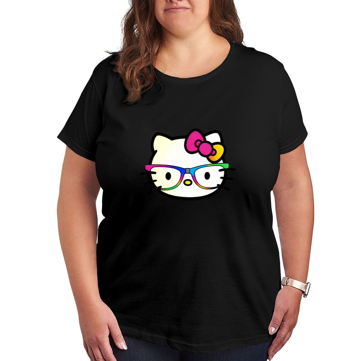 Rainbow Glasses Hello Kitty Fun Trendy Plus Size Women Casual T?Shirt