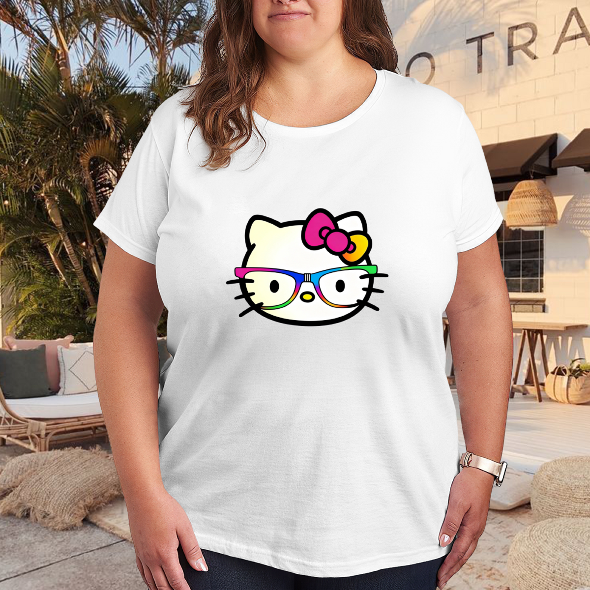 Rainbow Glasses Hello Kitty Fun Trendy Plus Size Women Casual T?Shirt