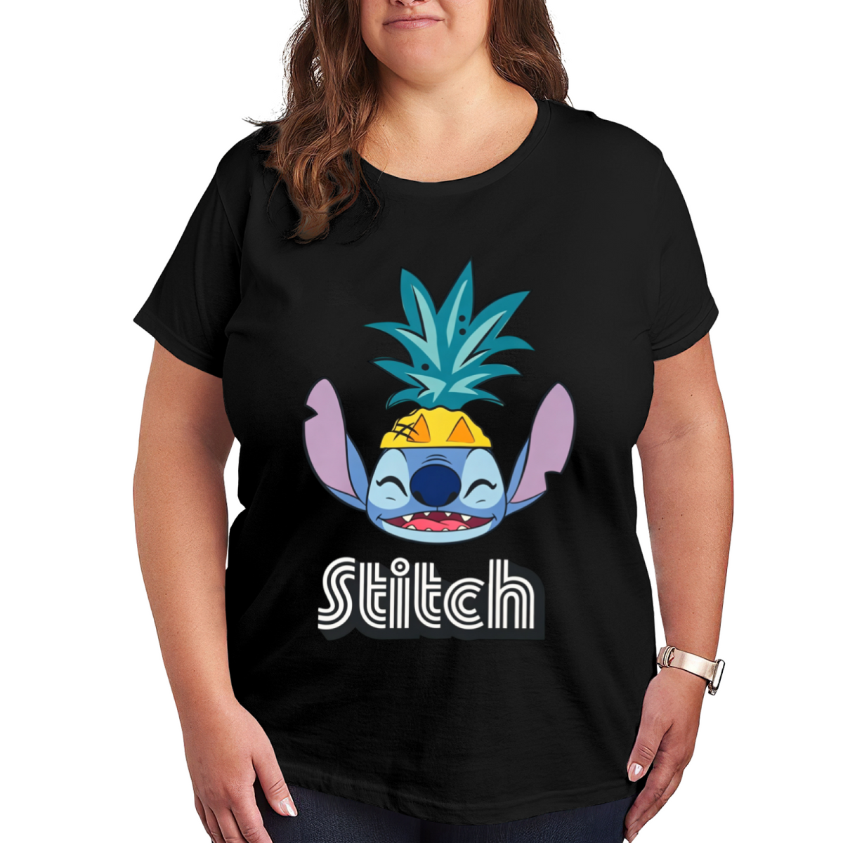 Fun Pineapple Stitch Cartoon Graphic Plus?Size Women Tee