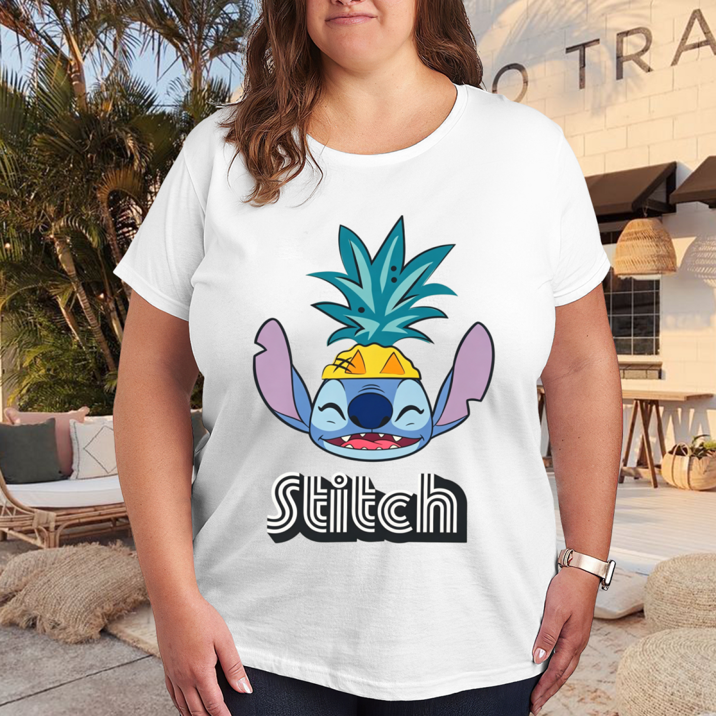 Fun Pineapple Stitch Cartoon Graphic Plus?Size Women Tee