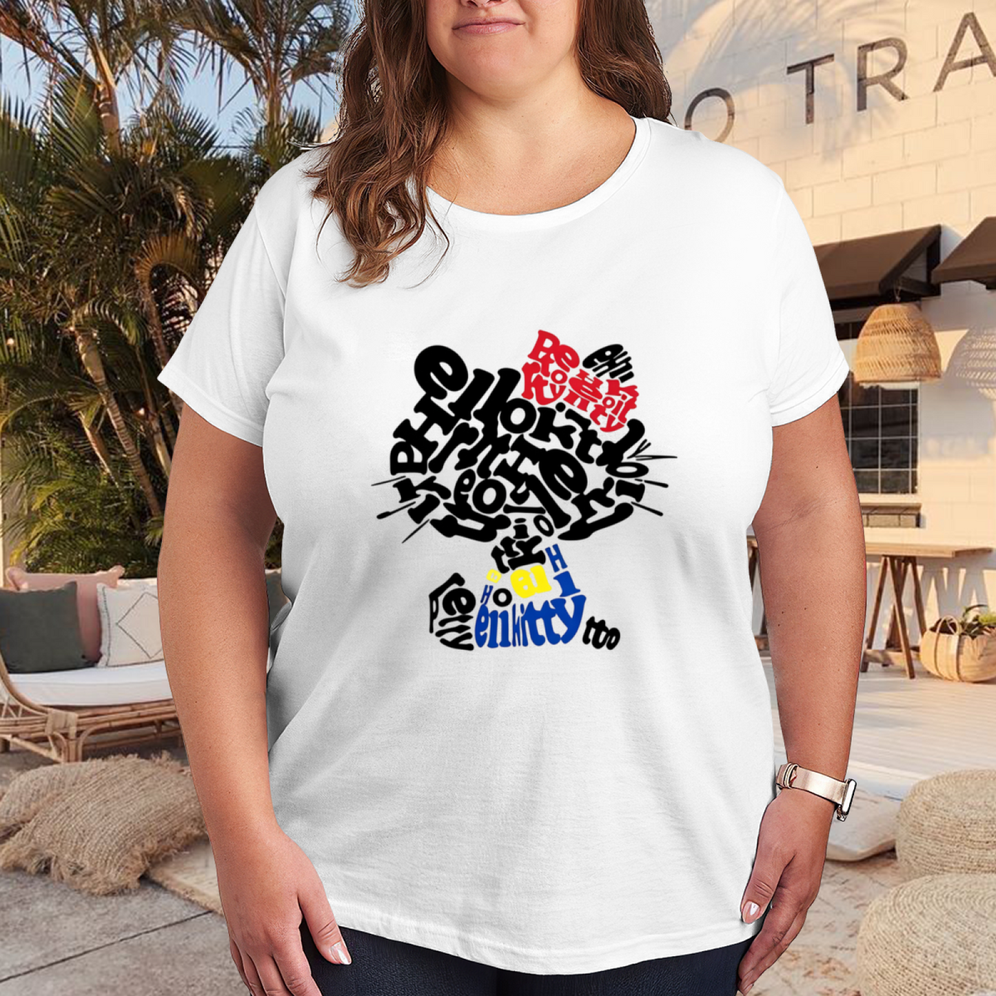 Graffiti Art Style Hello Kitty Bold Print Plus?Size Women Tee
