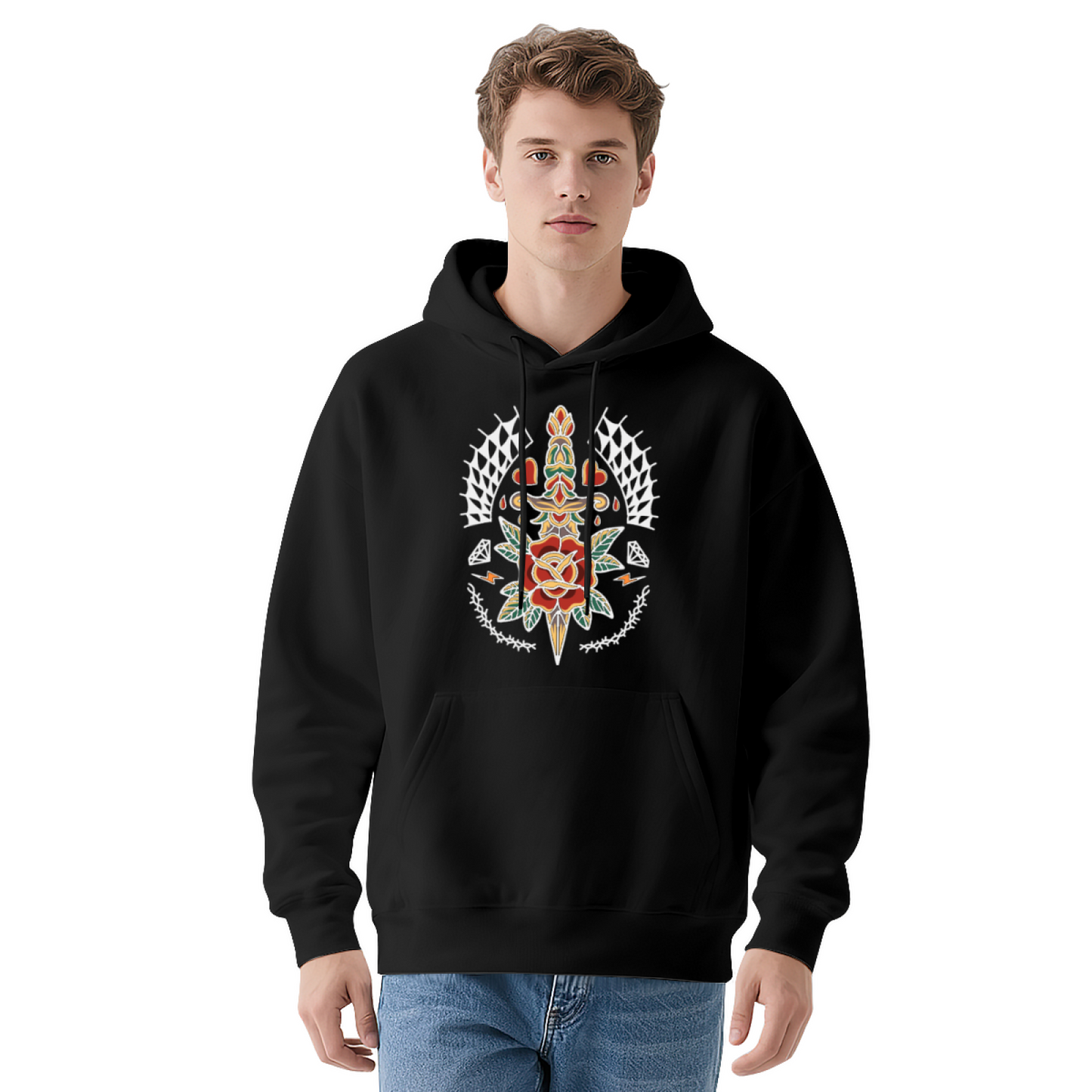 Traditional Tattoo Rose Dagger Black Hoodie, Soft Edgy Unisex Street Hooded Sweatshirt