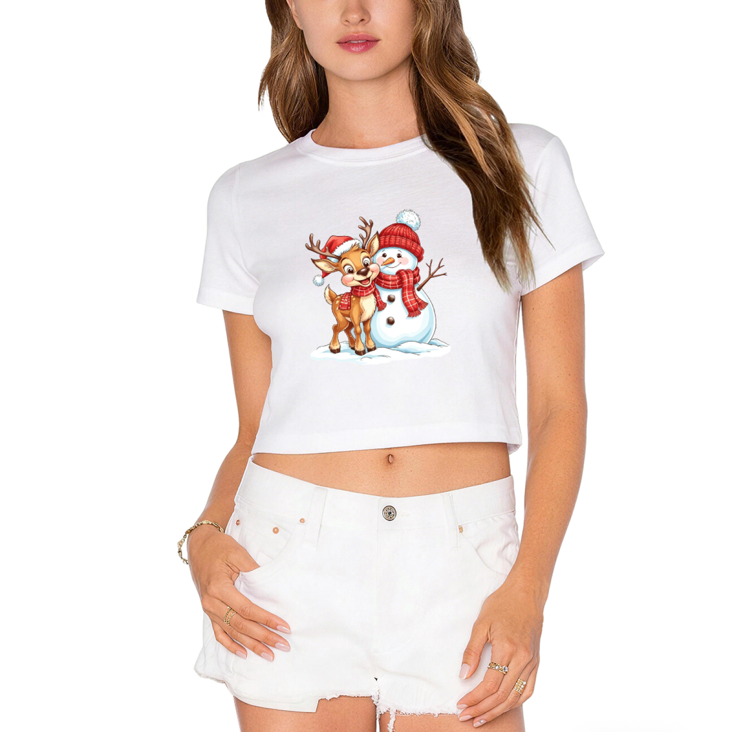 Cute Reindeer & Snowman Winter Christmas Graphic Crop Tee