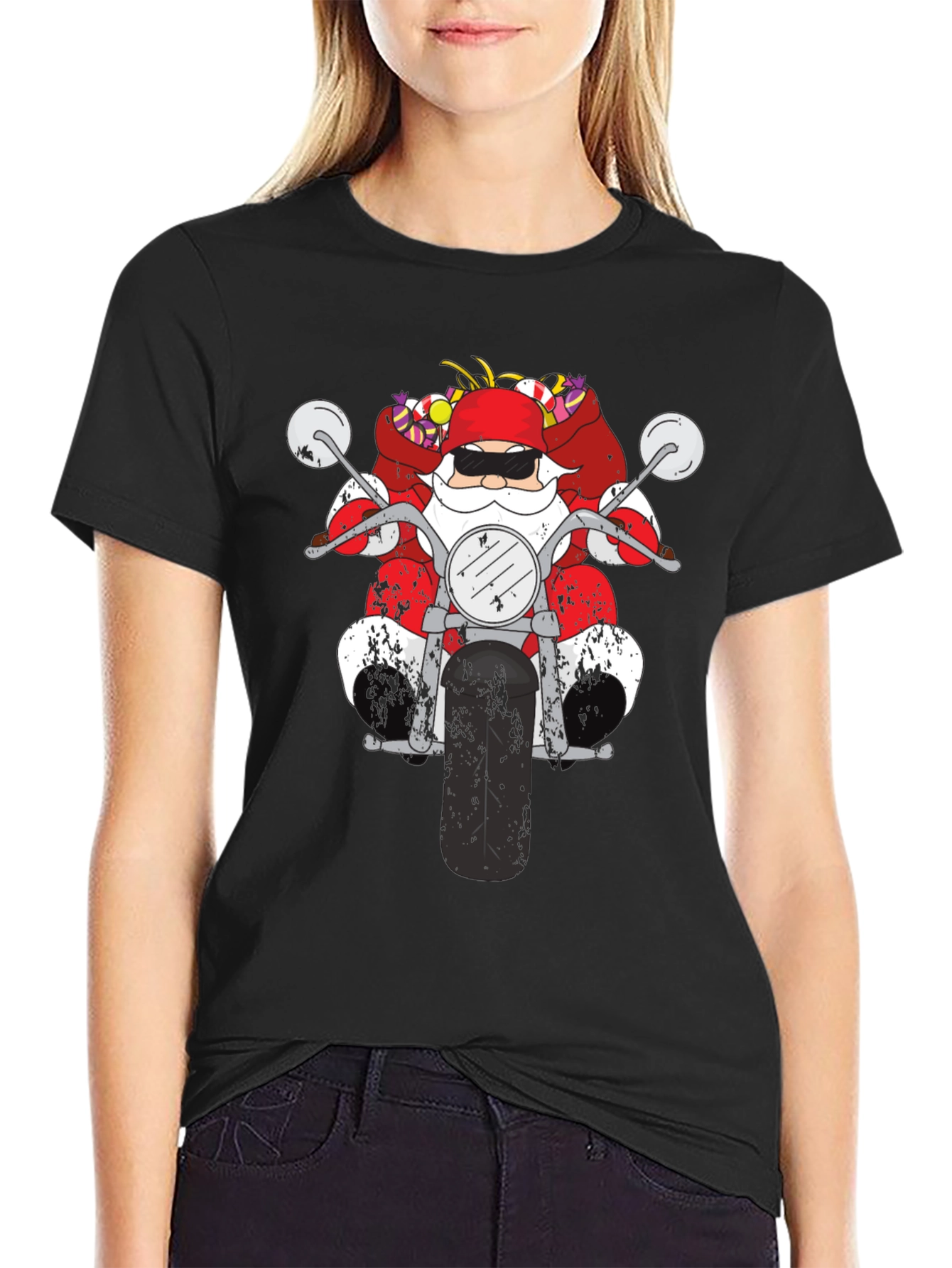 Santa on Motorcycle Graphic T-Shirt - Black