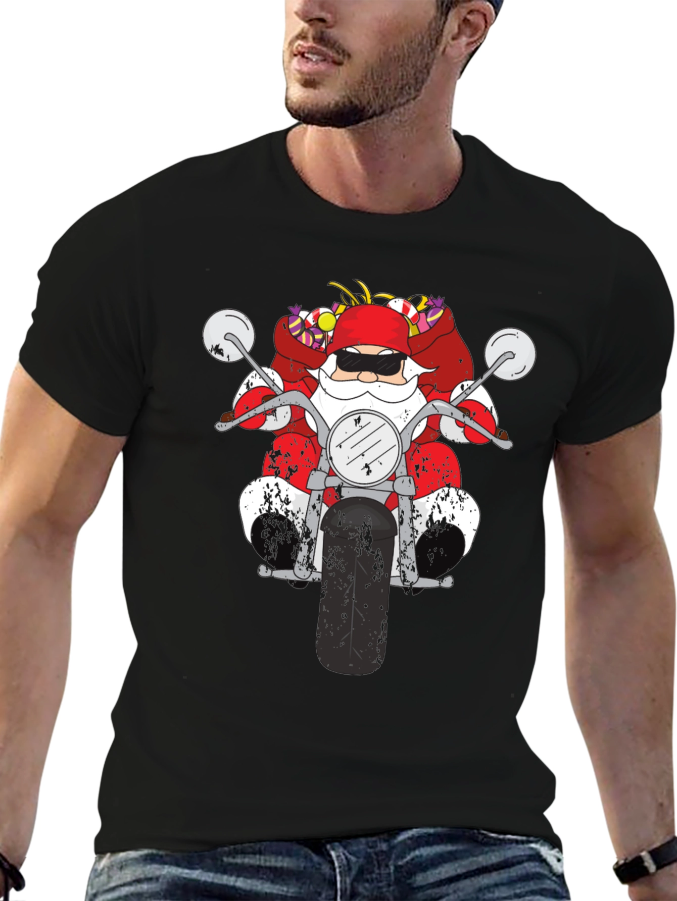 Santa on Motorcycle Graphic T-Shirt - Black