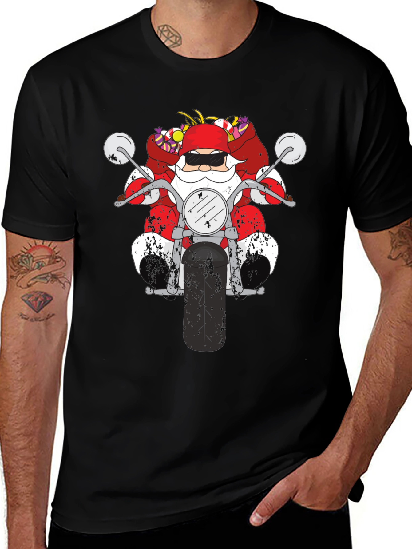 Santa on Motorcycle Graphic T-Shirt - Black