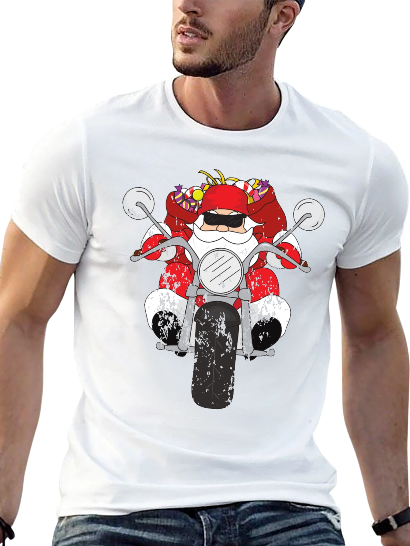 Santa on Motorcycle Graphic T-Shirt - Black