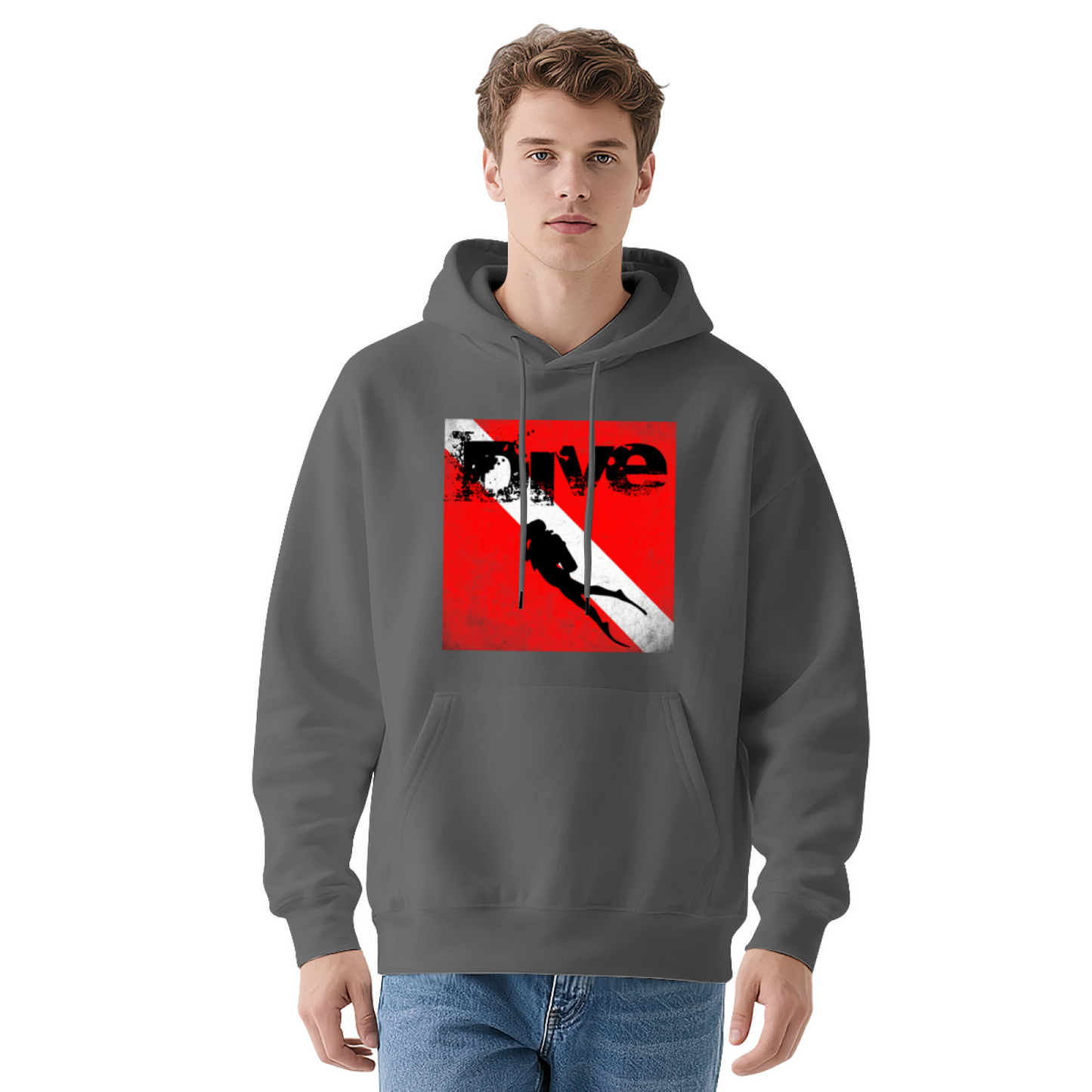 Vintage Dive Flag Graphic Dark Grey Hoodie, Casual Comfortable Wear