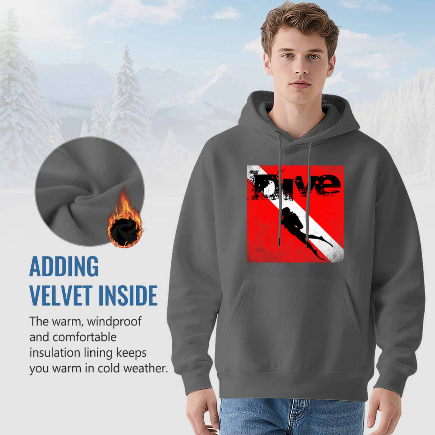 Vintage Dive Flag Graphic Dark Grey Hoodie, Casual Comfortable Wear