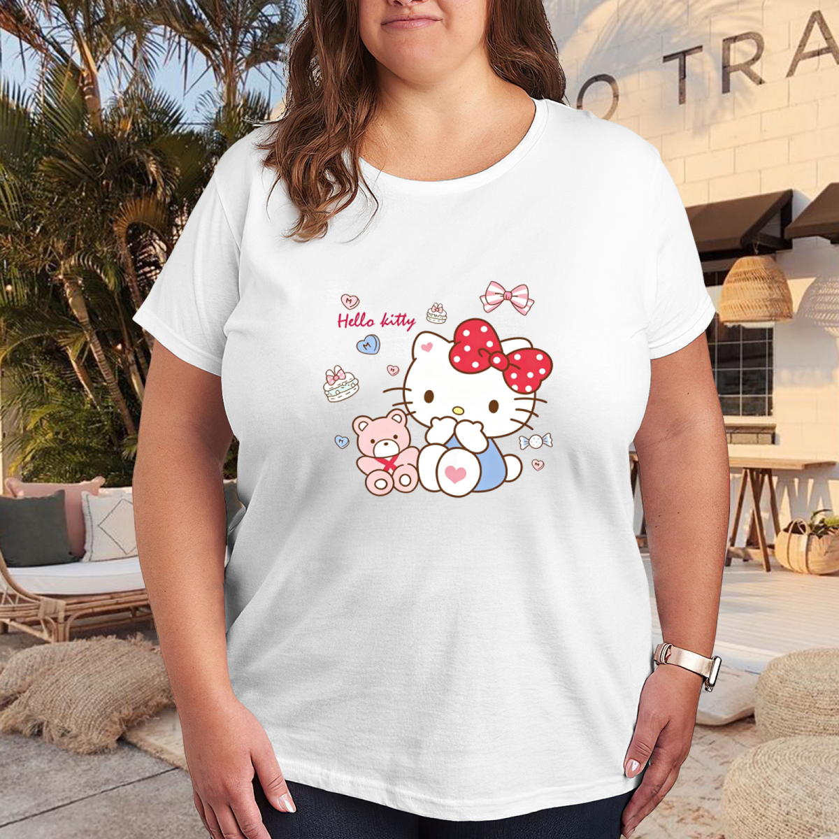 Sweet Cake Teddy Hello Kitty Lovely Plus Size Women Casual Tee