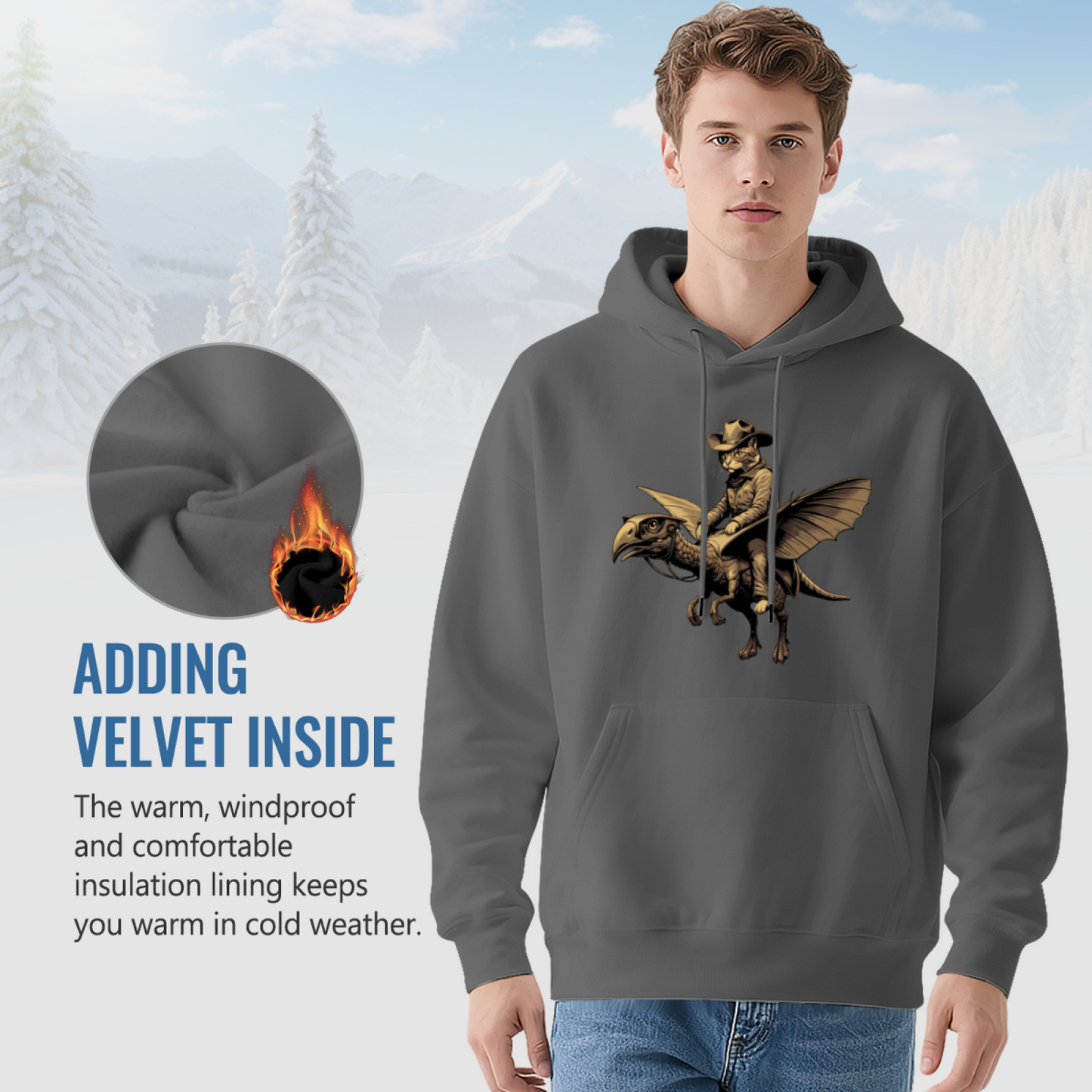 Cool Western Cowboy Cat Ride Pterodactyl Gray Hoodie, Relaxed & Comfort Fit