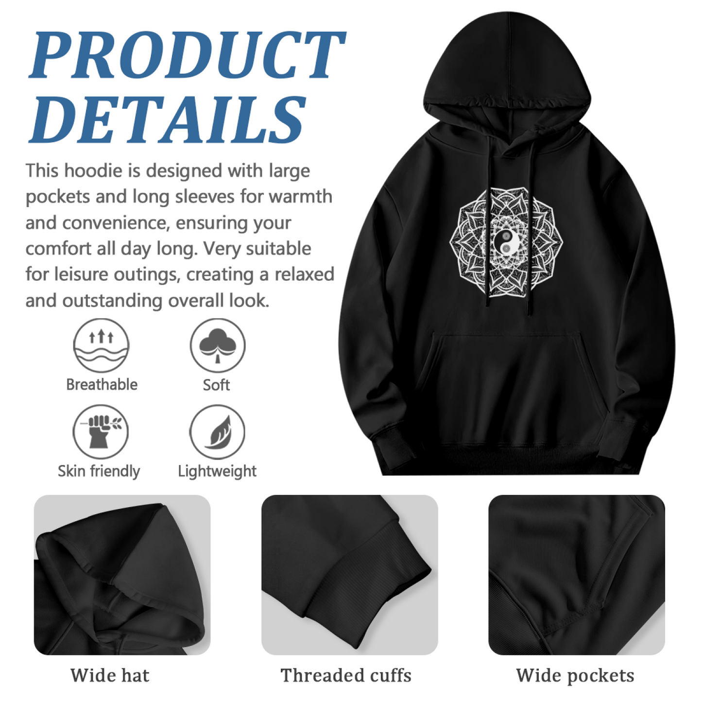 Mandala Yin Yang Sacred Hoodie, Breathable Lounge Comfort