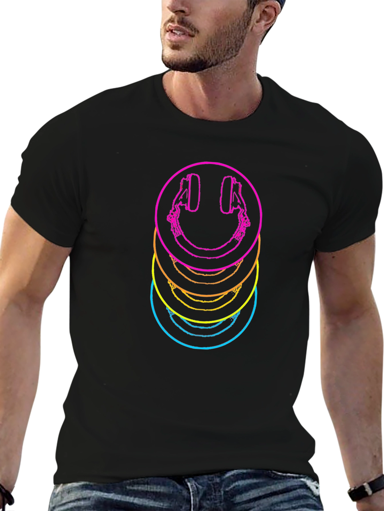 Neon Smiley Face Headphones Graphic Tee - Black