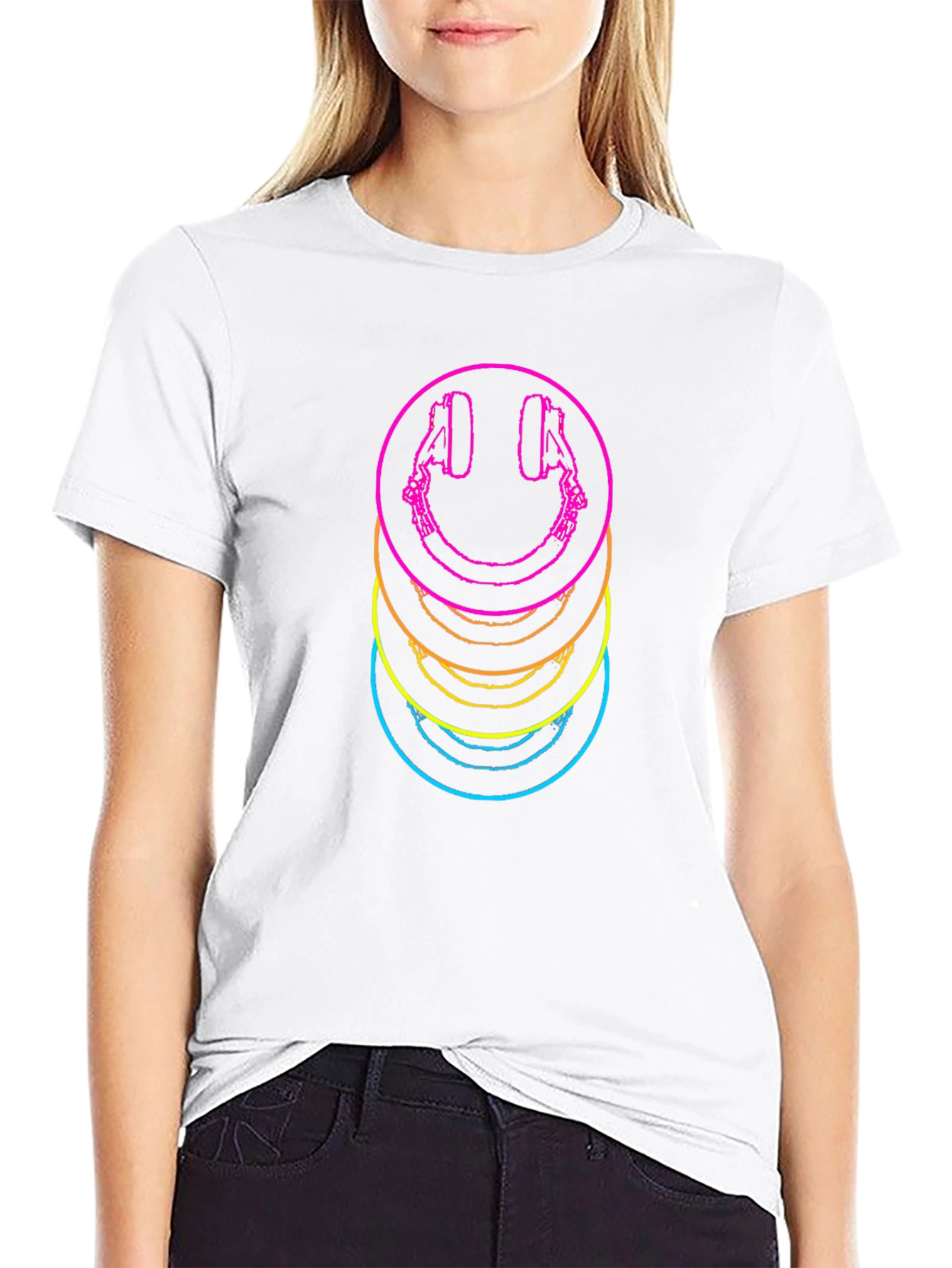 Neon Smiley Face Headphones Graphic Tee - Black