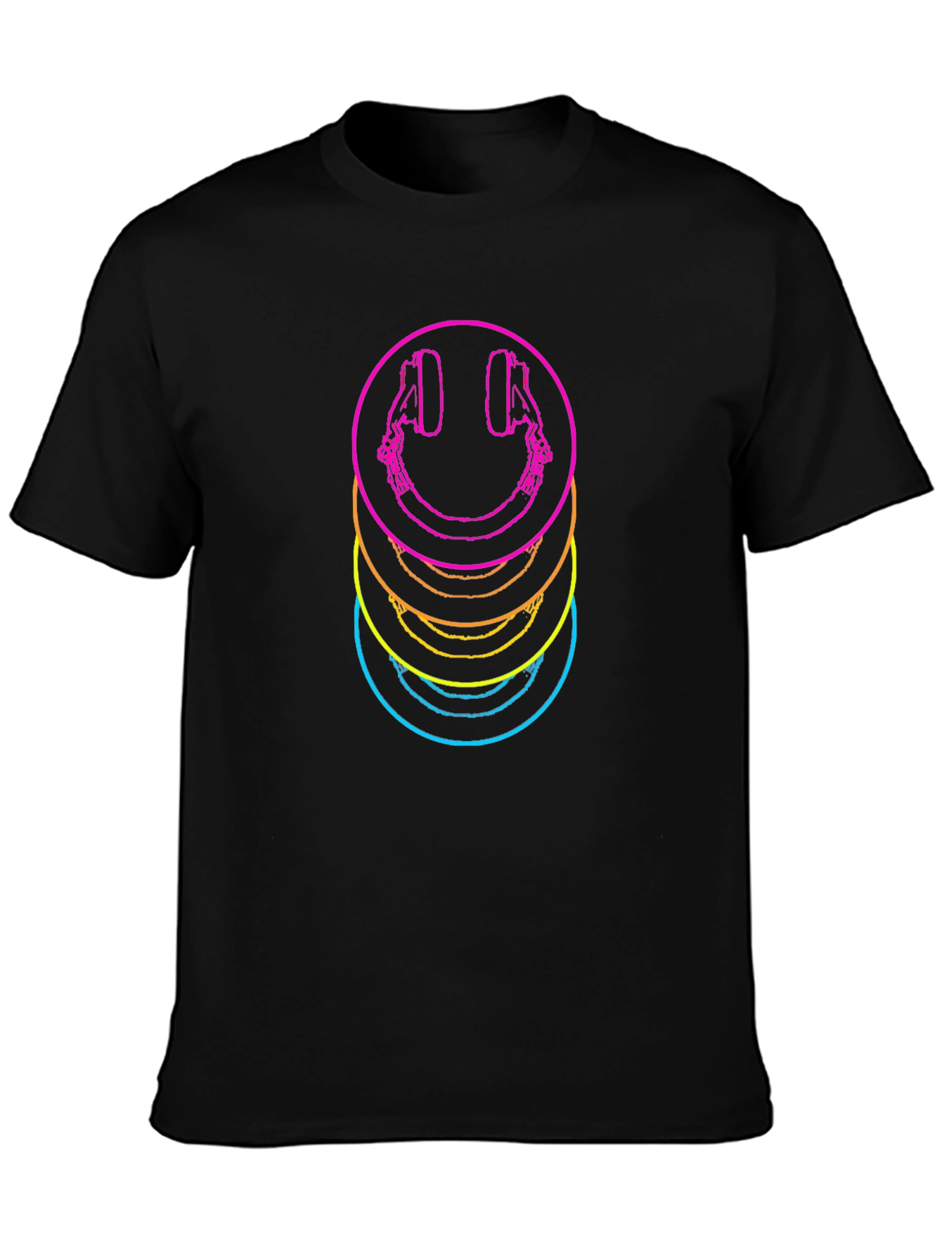 Neon Smiley Face Headphones Graphic Tee - Black