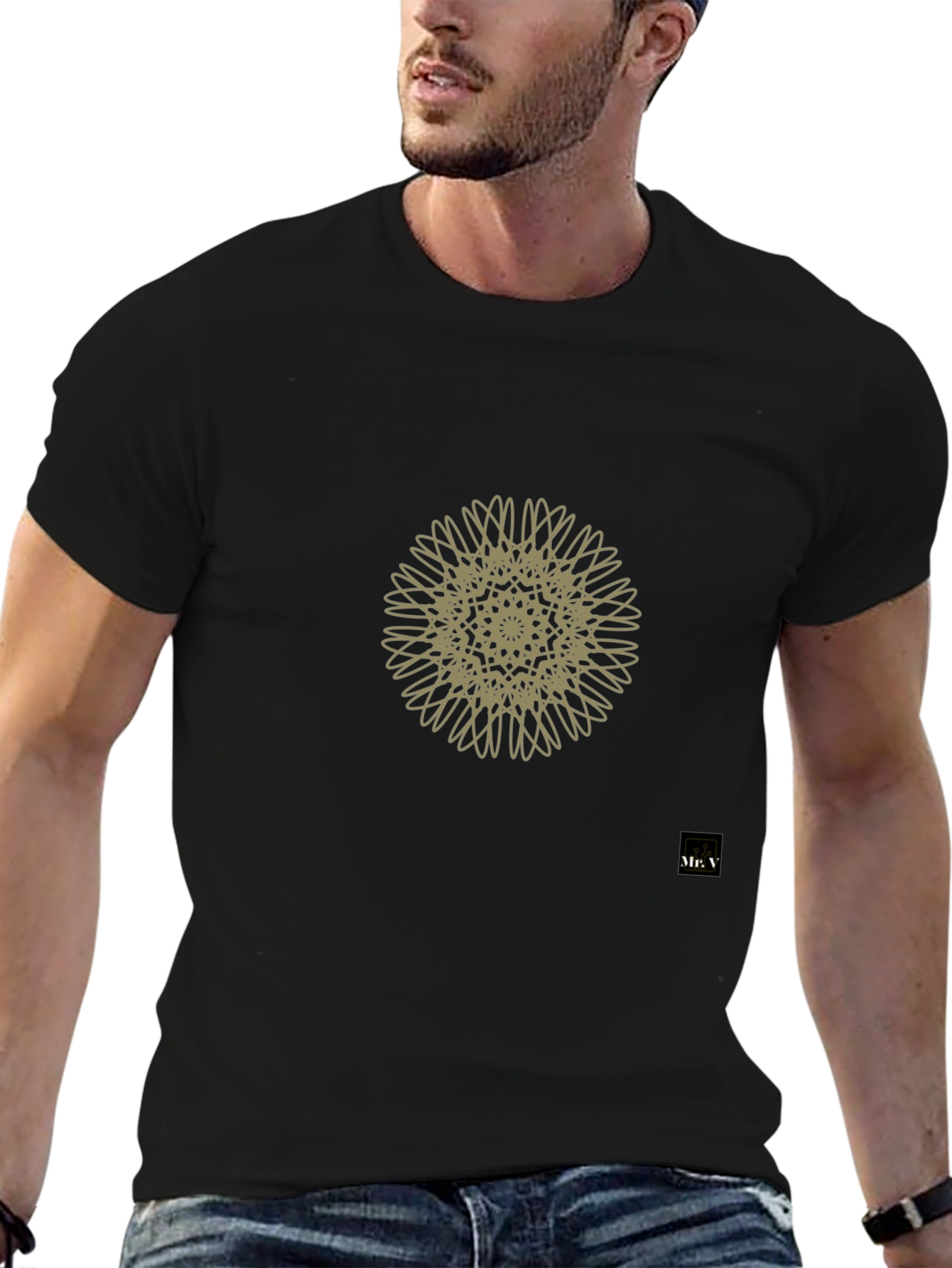 Mens Black Tee with Geometric Mandala Design