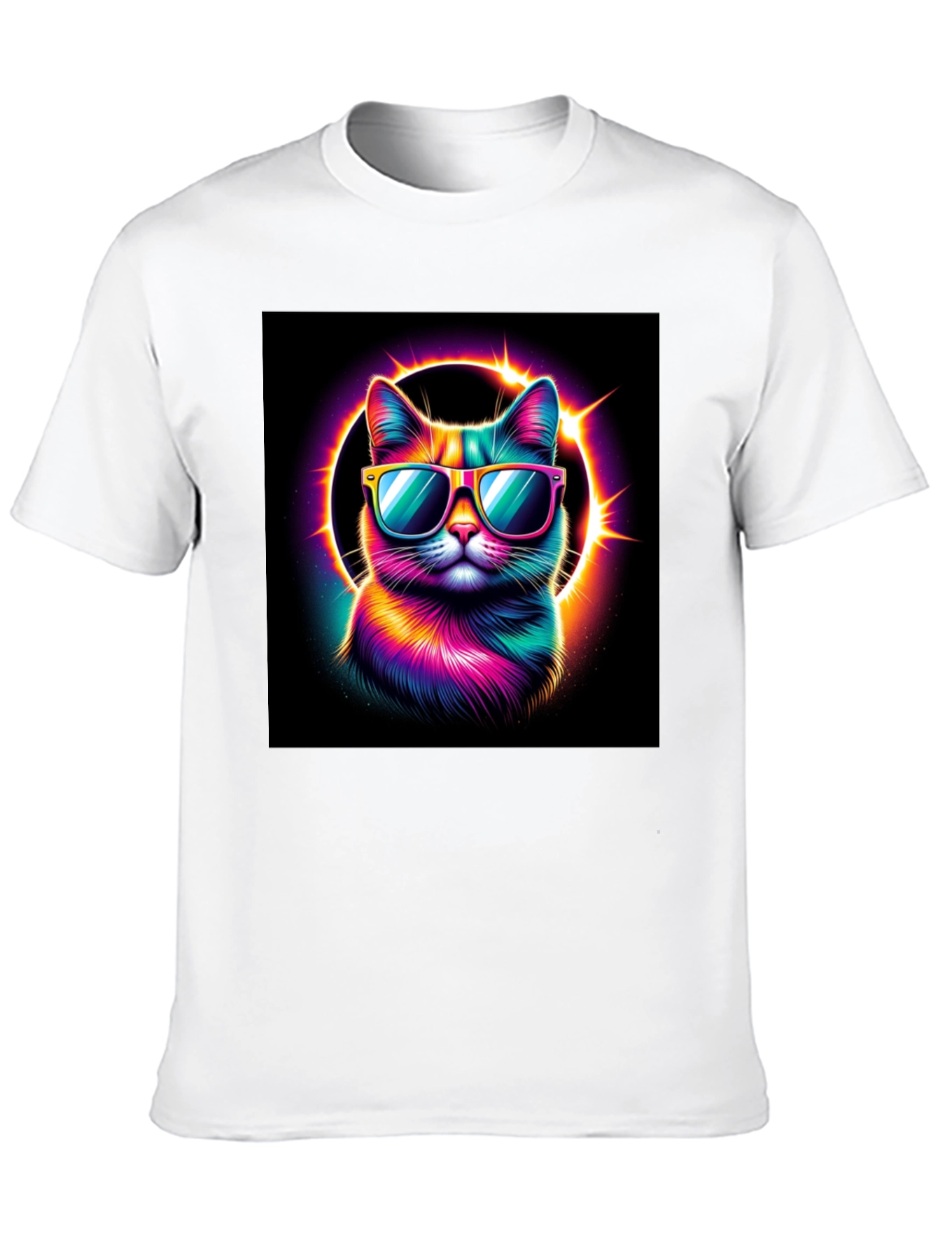Cool Cat T-Shirt - Neon Rainbow Cat with Sunglasses