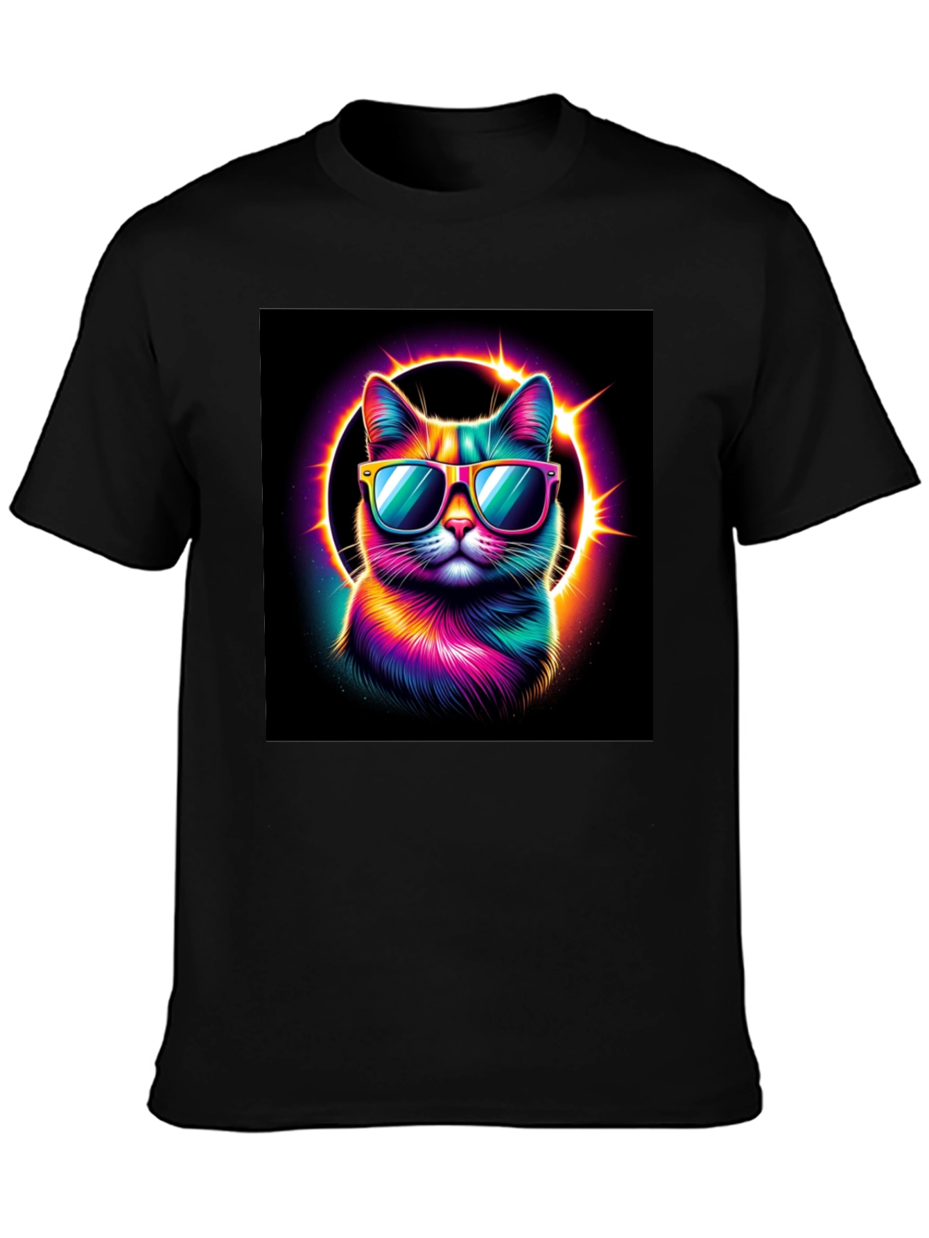 Cool Cat T-Shirt - Neon Rainbow Cat with Sunglasses