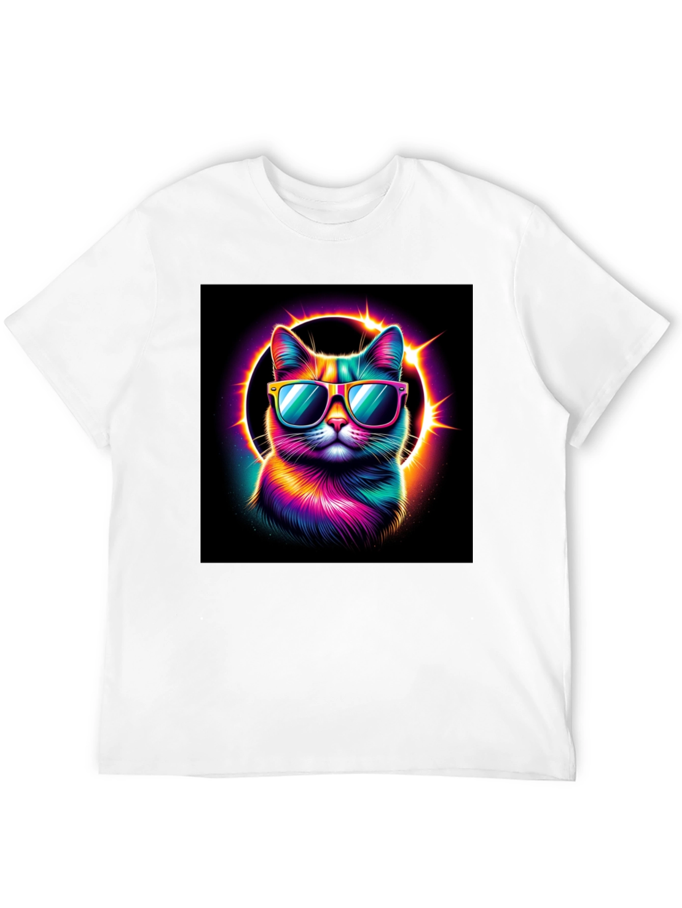 Cool Cat T-Shirt - Neon Rainbow Cat with Sunglasses