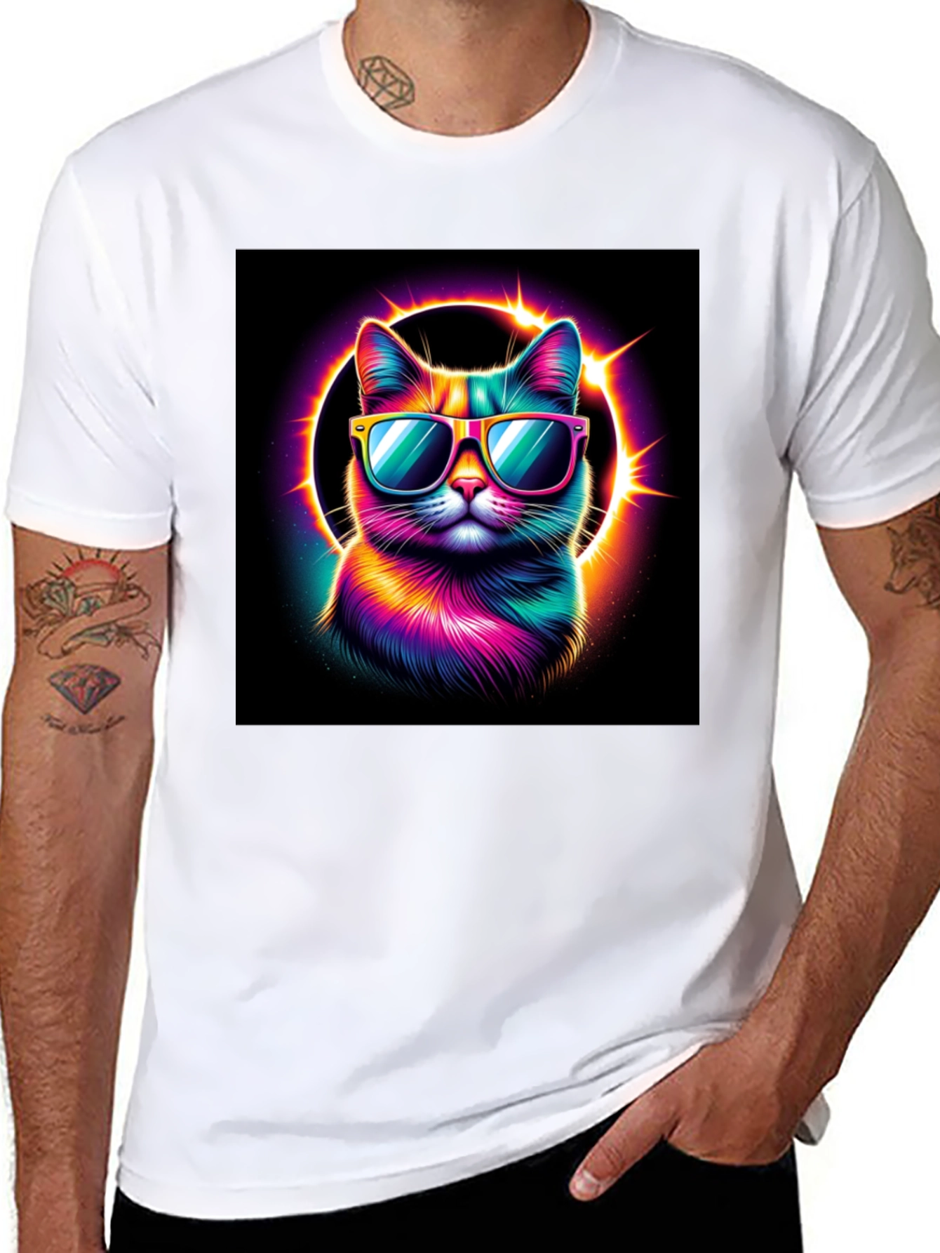 Cool Cat T-Shirt - Neon Rainbow Cat with Sunglasses